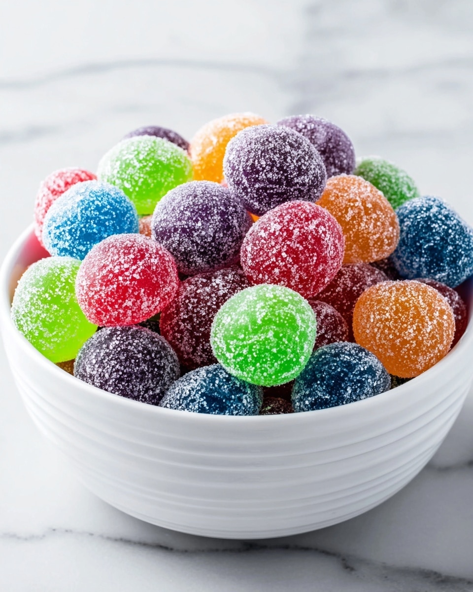 A white bowl filled with round, sugar-coated gummy candies in bright colors. The candies include shades of green, red, purple, blue, and orange, all covered with a sparkling sugar layer. The bowl is full, with the colorful candies piled high inside, showing a mix of smooth and slightly textured surfaces. The white bowl has a subtle swirl pattern and sits on a white marbled surface. Photo taken with an iphone --ar 4:5 --v 7