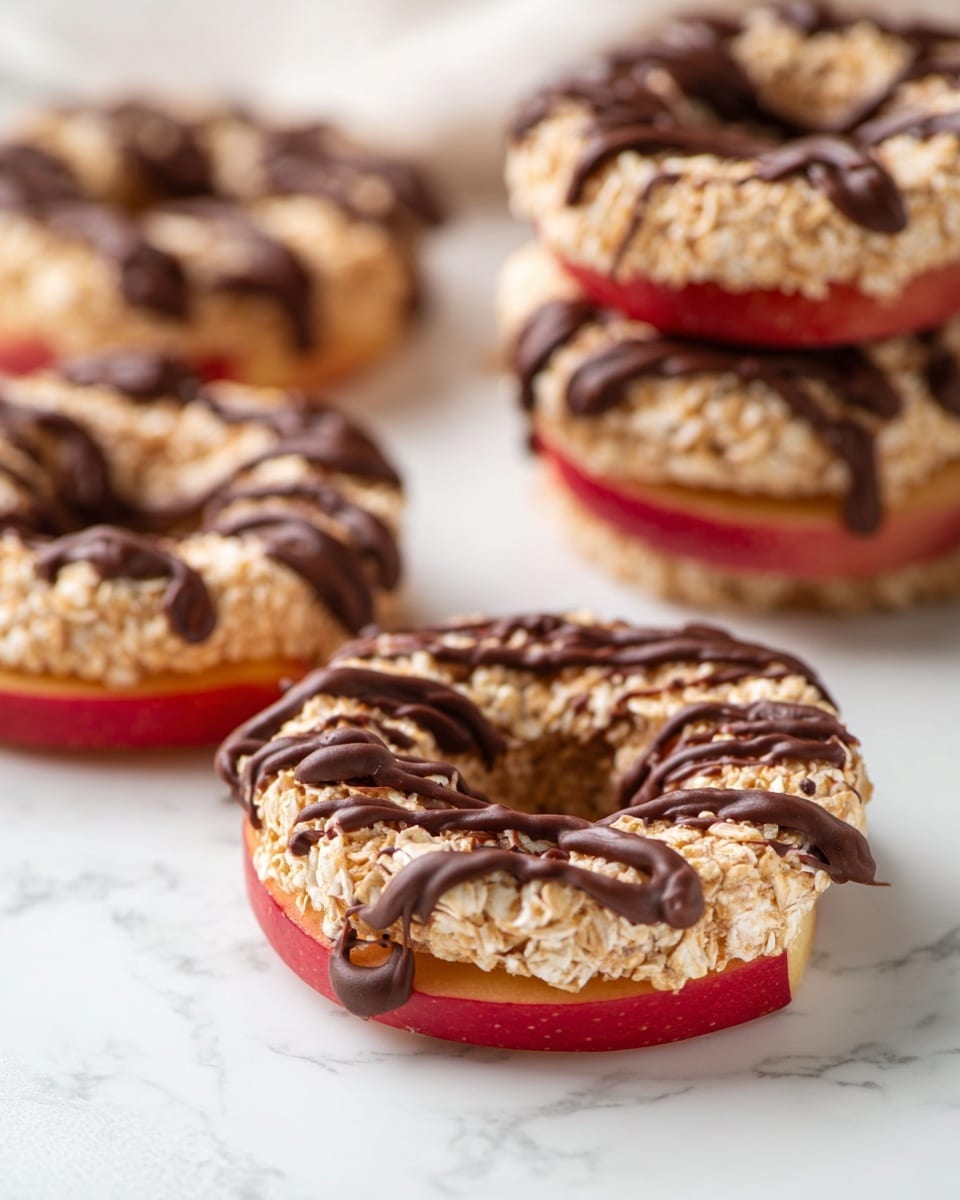 A stack of four apple rings, each layer consisting of a thick apple slice with red skin and a layer of shredded coconut mixed with a light brown spread on top, all drizzled generously with dark chocolate sauce. The apple rings are stacked neatly on a metal cooling rack placed on a white marbled surface. In the background, a red apple and a glass bottle of milk are slightly out of focus. photo taken with an iphone --ar 4:5 --v 7