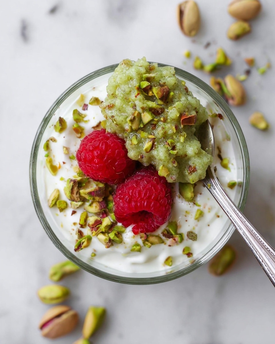 A close-up top view of a glass cup filled with a white creamy yogurt base topped with a bright red raspberry in the center and chopped green pistachio nuts scattered around the edge. A spoon holds a scoop of green textured pudding-like mixture sitting on top of the yogurt, partially covering it. The cup is placed on a white marbled surface with some loose pistachios nearby. Photo taken with an iphone --ar 4:5 --v 7