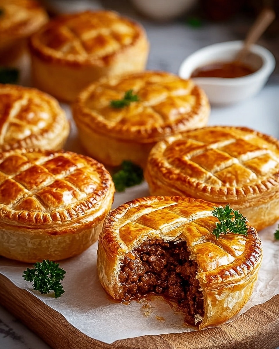 The image shows several golden-brown meat pies with a shiny, flaky crust, each topped with a crisscross pattern. One pie in the foreground has a bite taken out, revealing a rich, juicy, dark brown minced meat filling inside. The pies are round and thick, placed on white parchment over a wooden board with small green parsley leaves scattered around. The background is softly blurred showing more pies and a small white dish with sauce, all resting on a white marbled texture. photo taken with an iphone --ar 4:5 --v 7