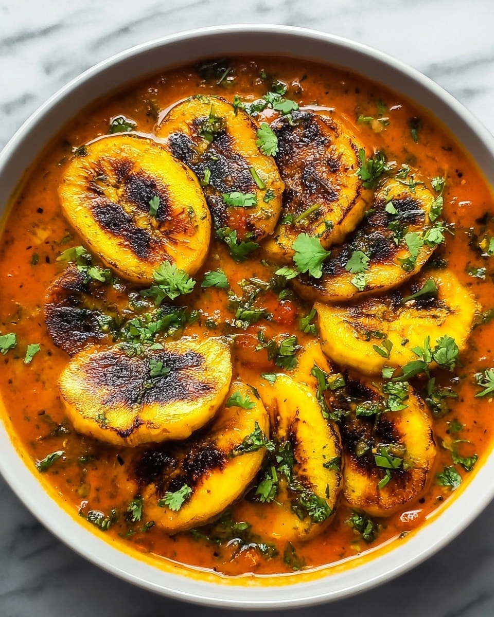 The image shows a dish in a white bowl with five large, grilled plantain slices arranged in a circular pattern on top. The plantains are golden yellow with dark brown grill marks, giving them a slightly charred texture. They are sitting in a thick, orange-red sauce that has visible pieces of green herbs and small vegetable bits scattered throughout. Fresh green cilantro leaves are sprinkled on top, adding contrast and freshness to the warm colors of the dish. The background is a white marbled texture, giving the scene a clean, bright look. Photo taken with an iphone --ar 4:5 --v 7