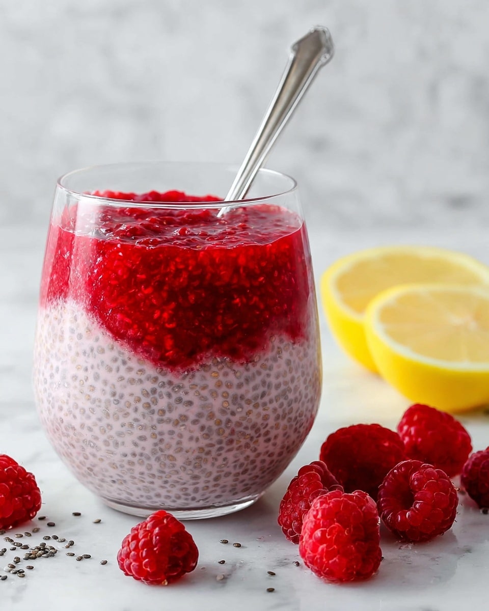 A transparent glass contains two layers: the bottom layer is thick, pale pink chia pudding with visible chia seeds giving a bumpy texture, and the top layer is a bright red, slightly chunky raspberry puree. A silver spoon stands inside the glass on the right side. Around the glass, fresh red raspberries, scattered black chia seeds, and a wedge of yellow lemon rest on a white marbled surface. The background is also white marbled. Photo taken with an iphone --ar 4:5 --v 7