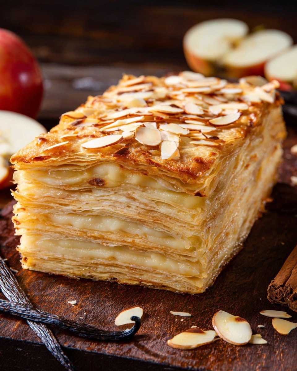 The image shows a rectangular layered dessert with around 15 thin layers of light golden-brown baked pastry or crepe stacked evenly. The top layer is slightly crispy and golden with a border of toasted sliced almonds scattered generously around the edges. The sides reveal the smooth, slightly creamy texture of the layers inside, which have a soft, light beige color. The dessert is placed on a dark wooden surface with some vanilla pods and apple slices around it. Photo taken with an iphone --ar 4:5 --v 7
