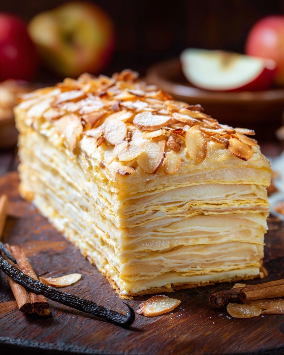 The image shows a rectangular apple layer cake with at least ten thin, pale yellow layers stacked closely, each layer smooth and slightly creamy in texture. The top of the cake is golden brown with a shiny, baked surface and decorated with toasted almond flakes around the edges. The cake sits directly on a dark wooden surface, with some apple slices and a vanilla bean pod nearby, and blurred apples in the background. The lighting highlights the cake’s layers and the almonds’ texture vividly. photo taken with an iphone --ar 4:5 --v 7