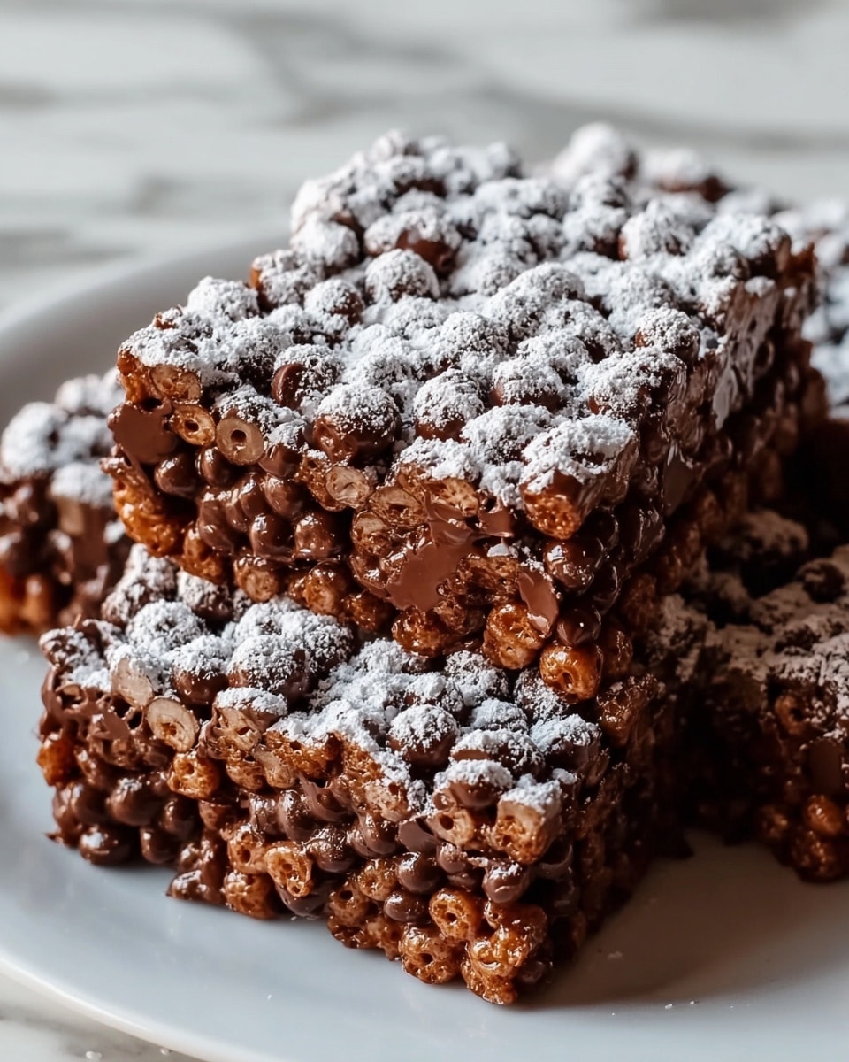 The image shows two square layered treats stacked on a white plate, each treat having three visible layers: the top and bottom layers are made of small puffed cereal pieces coated in chocolate mixed with many round chocolate chips, giving a dark brown color with a rough texture; the middle layer looks gooey and shiny, holding the cereal pieces together. The top surface is dusted evenly with white powdered sugar, creating a soft, snowy effect that contrasts with the rich brown layers beneath. The background is a white marbled texture. Photo taken with an iphone --ar 4:5 --v 7