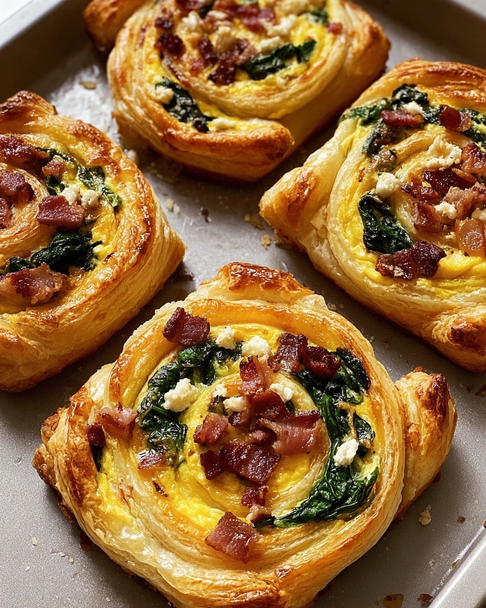 The image shows five golden puff pastry squares placed close together on a baking tray, each with visible layers of flaky, light brown crust. The pastries have a spiral shape with a thick, crisp edge that rises higher than the center. The filling includes scrambled yellow eggs, small bright green spinach leaves that add a fresh color contrast, and small pieces of browned bacon scattered on top. The bacon pieces have a crunchy texture and reddish-brown color, while small white crumbles, possibly cheese, are sprinkled throughout. The background is a white marbled texture. photo taken with an iphone --ar 4:5 --v 7