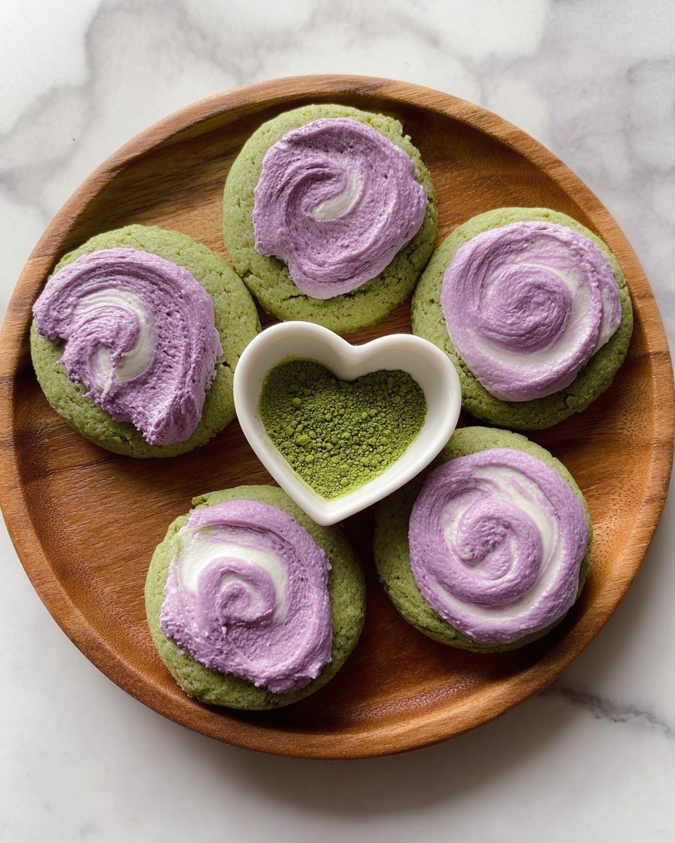 A round wooden plate holds five cookies arranged around a small heart-shaped white dish filled with green powder. Each cookie has two layers: a soft green base with a rough texture and a light purple creamy layer on top, swirled in a circular pattern. The green base looks dense and slightly crumbly, while the purple topping appears smooth and fluffy. The white marbled background softly contrasts with the wooden plate. photo taken with an iphone --ar 4:5 --v 7
