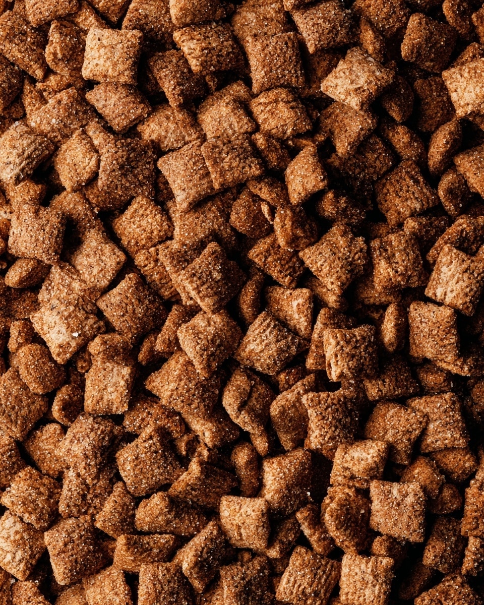 A close-up view showing many small, square cereal pieces, each covered in a rough brown sugar and cinnamon coating, giving them a grainy texture. The cereal pieces vary slightly in shape and size, some broken, and all packed tightly together across the image with a mix of light and darker brown shades. The background is not visible, as the cereal fills the entire frame. photo taken with an iphone --ar 4:5 --v 7