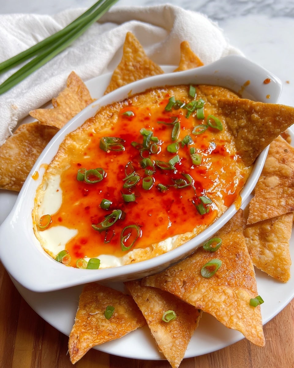 The image shows a white oval dish filled with a creamy cheese dip topped with a glossy bright orange and red sweet chili sauce, sprinkled with small green onion slices. The creamy base beneath the sauce is visible on the edge, showing a smooth and slightly melted texture. Surrounding the dish are golden brown, crispy triangle chips with bubbly surfaces, some also garnished with green onion slices. The dish is placed on a white plate on a white marbled surface with a folded white cloth and some green chives nearby. photo taken with an iphone --ar 4:5 --v 7