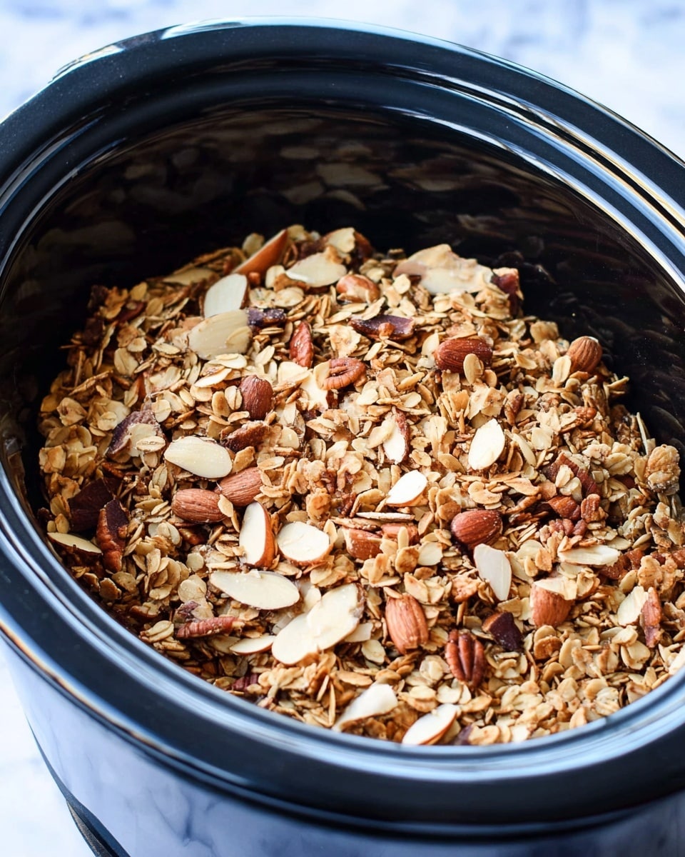 A black slow cooker filled with a single layer of toasted granola, featuring a mix of golden brown oat flakes, sliced toasted almonds, and pieces of pecans. The granola has a rough and crunchy texture with varied shades of light brown and tan, evenly spread inside the cooker. The background shows a soft focus white marbled surface. Photo taken with an iphone --ar 4:5 --v 7