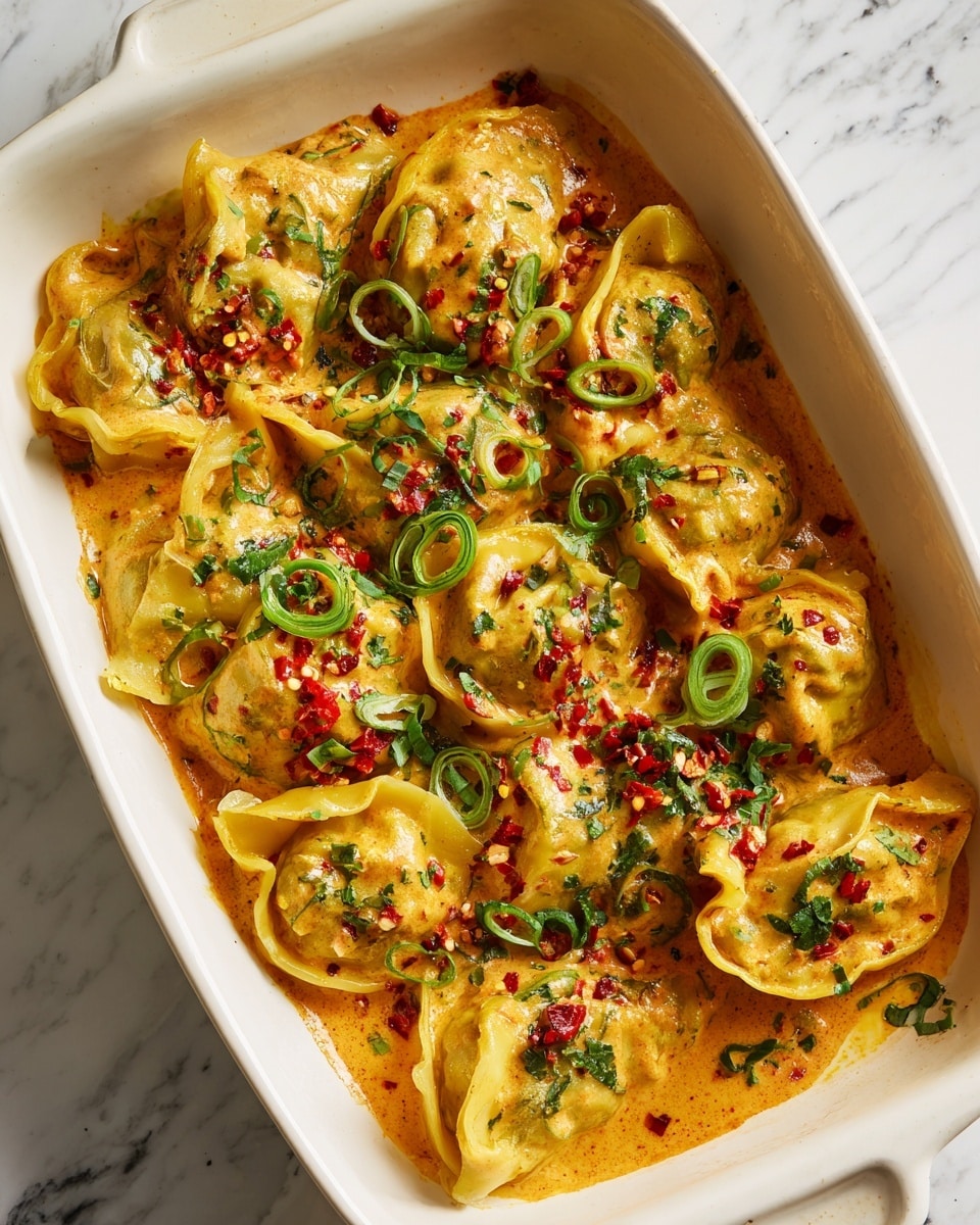 The image shows several layers of folded, yellowish pasta dumplings filled with cheese, arranged closely in a white rectangular dish. The dumplings are covered in a creamy, orange sauce with a smooth texture, giving a rich look. Small green rings of sliced scallions and bits of red chili flakes with seeds are scattered evenly on top, adding color and texture contrast. Chopped green herbs are sprinkled all over, giving a fresh touch. The background is a white marbled surface that highlights the vibrant colors of the dish. Photo taken with an iphone --ar 4:5 --v 7