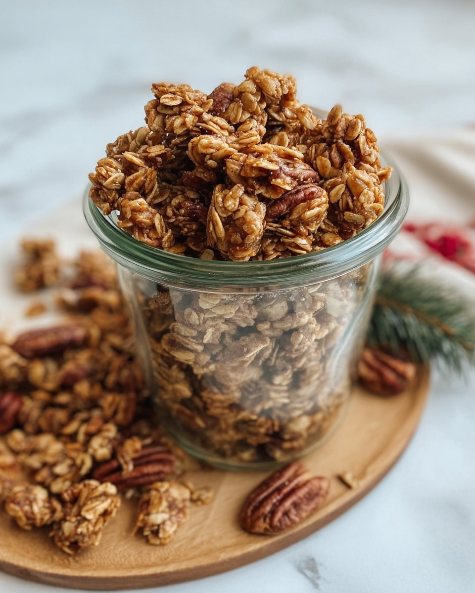 A close-up image of a glass jar filled to the top with chunky granola clusters that have a mix of light brown oats and darker pecans and nuts, showing a rough, textured surface. The granola spills slightly over the edge of the jar, which sits on a round wooden coaster. Some loose granola pieces are scattered around the base. The background and surface are a white marbled texture, adding a clean and bright feel to the image. photo taken with an iphone --ar 4:5 --v 7