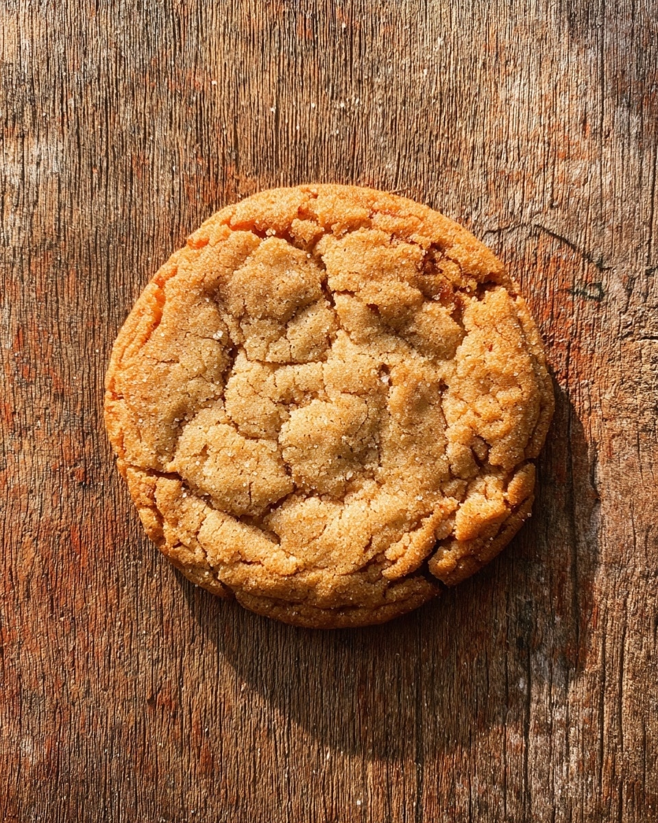 A single round cookie with a crinkled top sits directly on a rustic wooden surface, showing a warm golden brown color with slightly darker edges. The cookie has visible cracks and a rough texture, suggesting it is soft and chewy inside. The wood beneath adds a natural, textured background contrast. Photo taken with an iphone --ar 4:5 --v 7