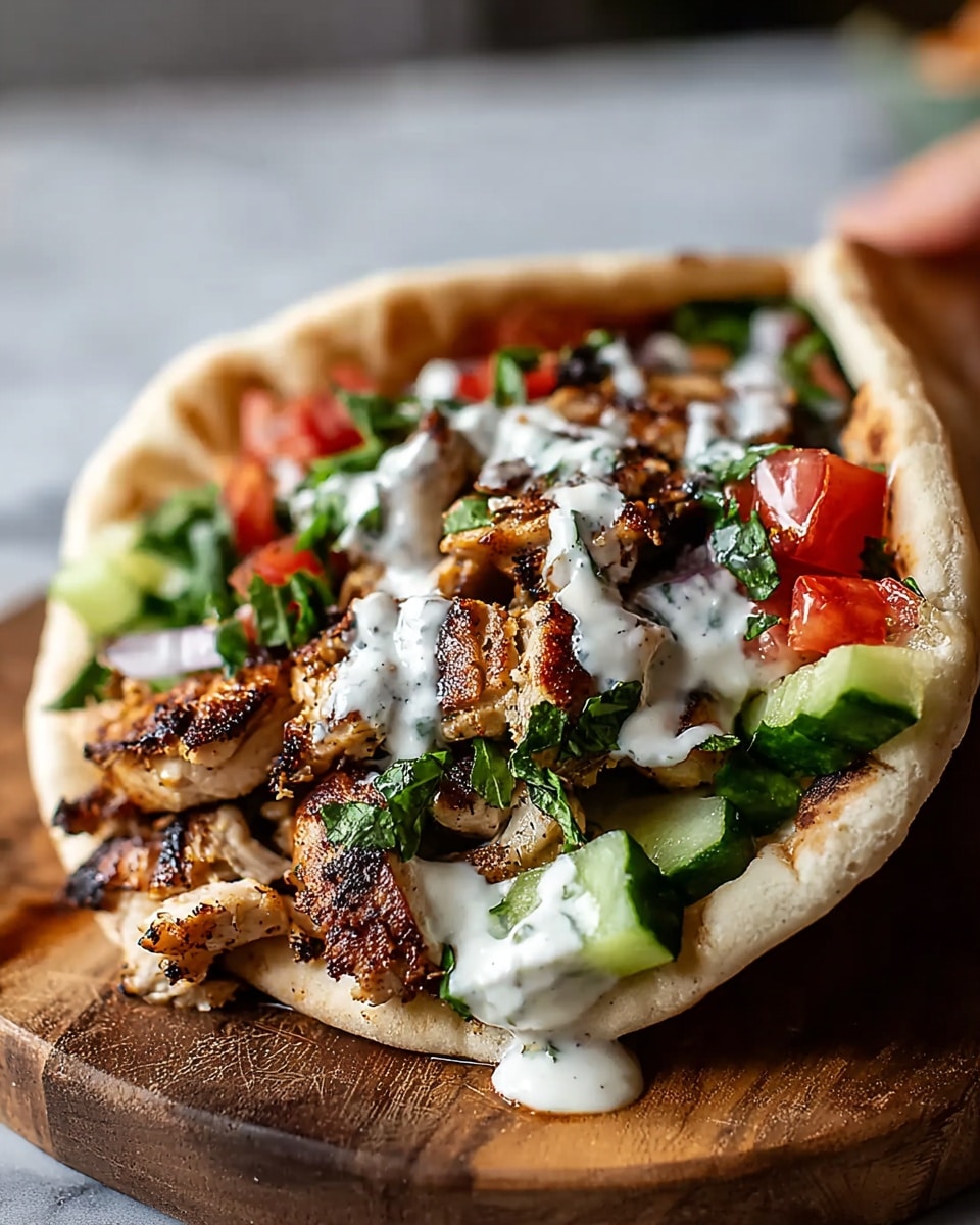A close-up of a pita sandwich resting on a wooden board, filled with several layers of ingredients. The base is soft, lightly browned pita bread folded open. Inside, grilled chicken pieces with a charred, juicy texture sit on top, drizzled with white creamy sauce. Around the chicken, there are chopped fresh green herbs, diced red tomatoes, and slices of crisp cucumber adding bright colors and freshness. A woman's hand is gently holding the pita from the top right side. The setting includes a blurred white marbled background. Photo taken with an iphone --ar 4:5 --v 7