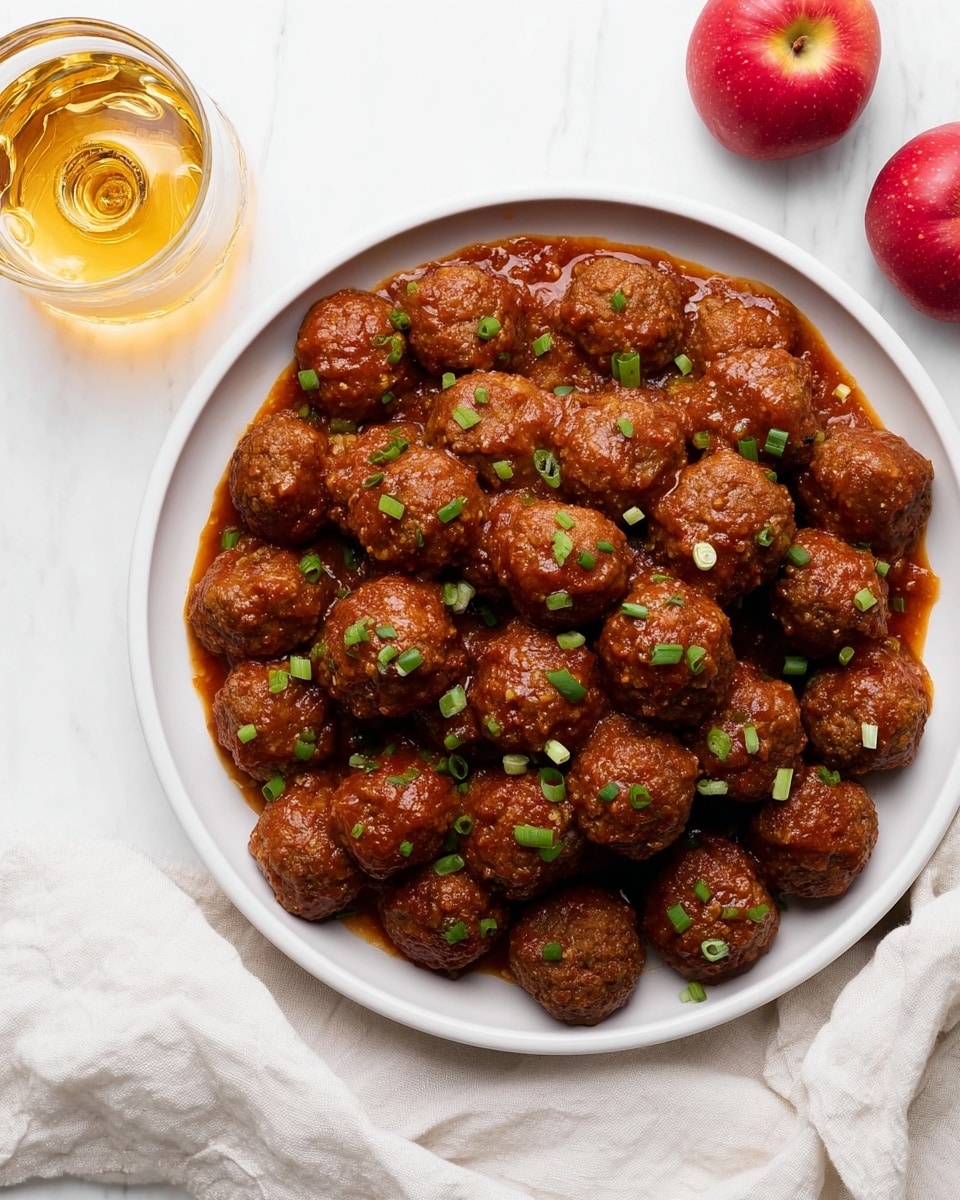 A white bowl filled with many small round meatballs covered in a thick reddish-brown sauce, each meatball garnished with small pieces of green chives scattered evenly on top. Around the bowl, three red apples sit on a white marbled surface, along with a glass bottle containing a golden-brown drink with its cap beside it. A white cloth napkin is partially under the bowl, adding a soft texture to the scene. photo taken with an iphone --ar 4:5 --v 7