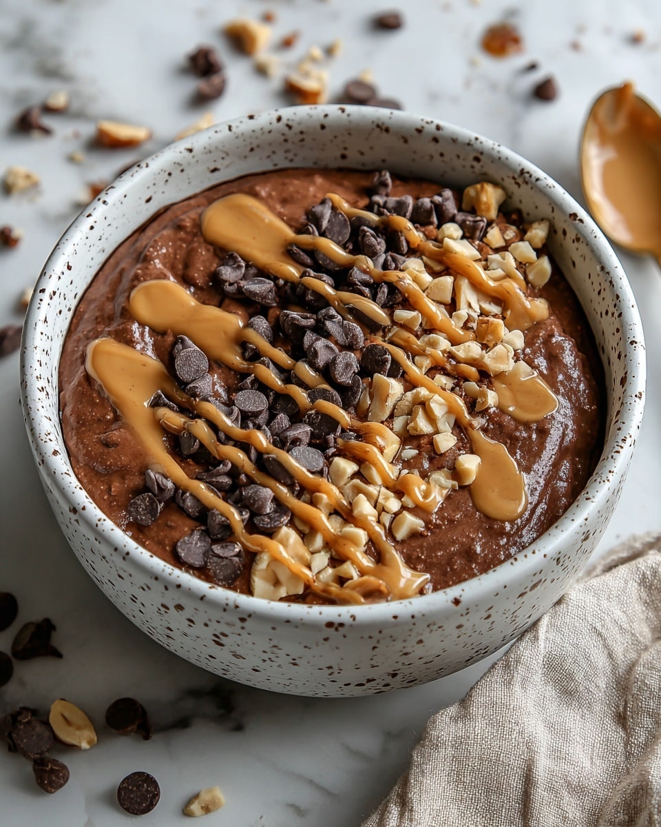 A white speckled bowl filled with a thick, creamy chocolate base that forms the first layer, dark brown and smooth in texture. On top of this base, there is a generous layer of dark chocolate chips scattered unevenly, followed by a layer of chopped light tan nuts adding a crunchy texture. Drizzled over everything is a glossy, light brown nut butter sauce that runs in thin lines across the top, creating contrast with the chocolate pieces and nuts. The bowl sits on a white marbled surface with scattered chocolate chips and nut pieces around it, and a beige cloth is partially visible in the corner. photo taken with an iphone --ar 4:5 --v 7