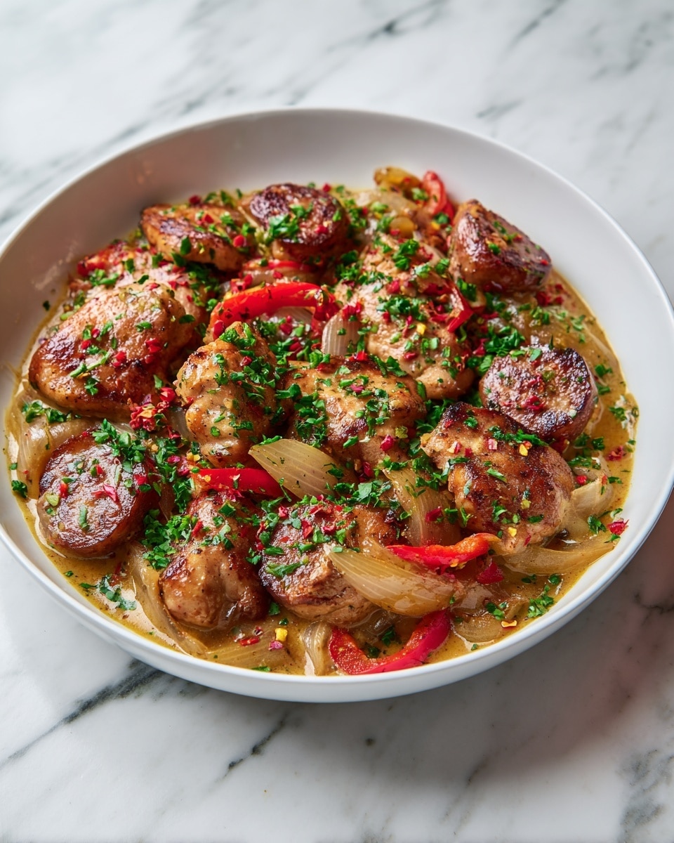 The dish is served in a white bowl on a white marbled surface, showing a rich and hearty mix of food layers. The bottom layer is a creamy, light brown sauce with a smooth texture, covering the base of the bowl. On top, there are golden-brown chicken pieces with a slightly crisp and caramelized surface, scattered evenly around the bowl. Mixed among the chicken are slices of brown sausage with a firm texture. Bright, sautéed onion slices in a pale yellow color and chunks of red bell pepper add contrast and color. The entire dish is sprinkled with finely chopped green herbs and small red chili flakes, giving it a fresh and spicy appearance. photo taken with an iphone --ar 4:5 --v 7