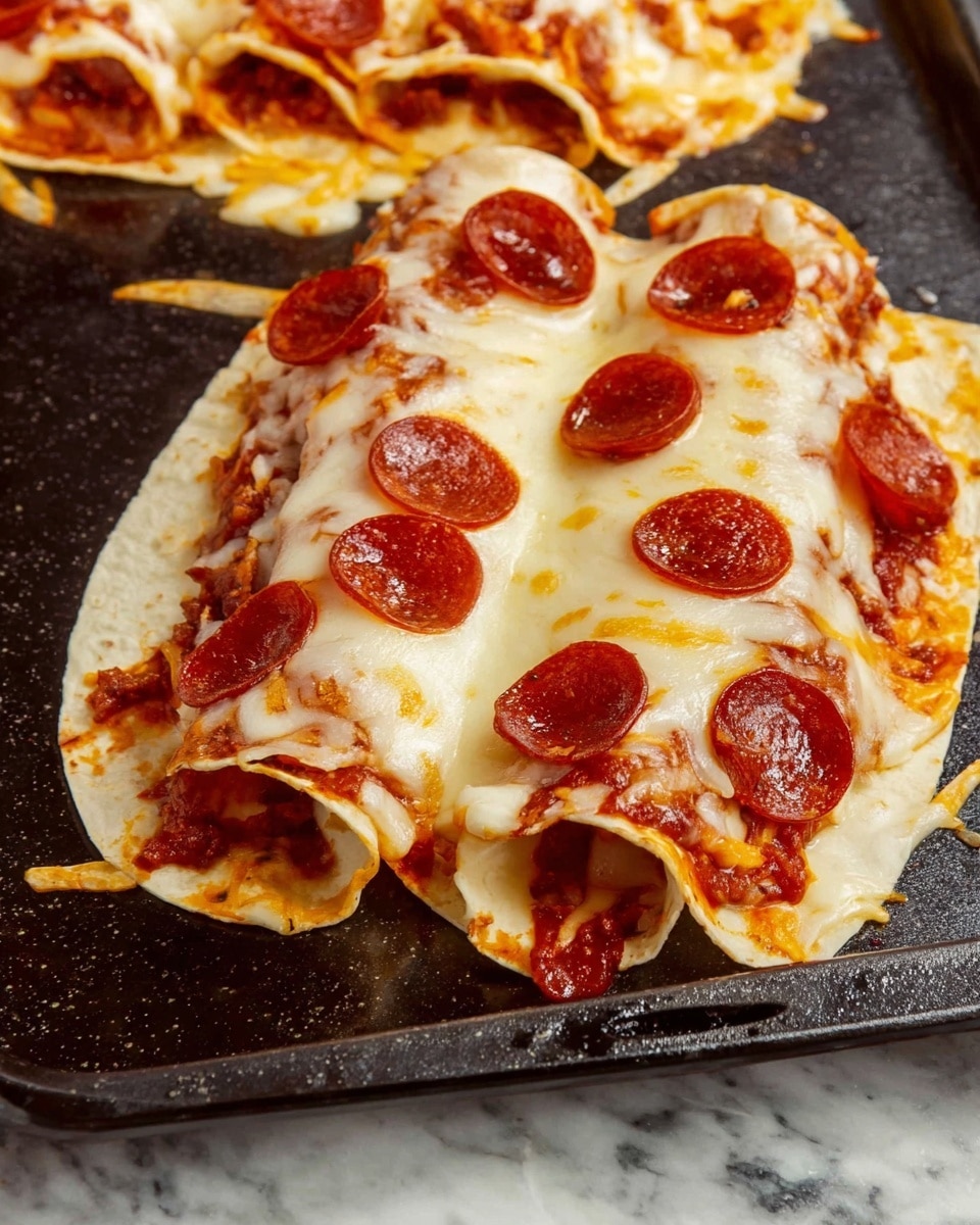 The image shows two folded tortillas covered with melted cheese and small pepperoni slices, lying side by side on a dark baking tray. Each tortilla is soft and light beige in color, with the edges slightly curled and browned. The first layer is the tortilla, topped with a bright red tomato sauce that peeks through in spots. Above the sauce is a generous layer of melted, creamy white cheese, with some parts showing a slight golden brown from baking. Scattered on top are many small, shiny, reddish-brown pepperoni slices, adding texture and color contrast. In the background, more cheesy tortillas with similar toppings fill a black tray, all set on a white marbled surface. photo taken with an iphone --ar 4:5 --v 7