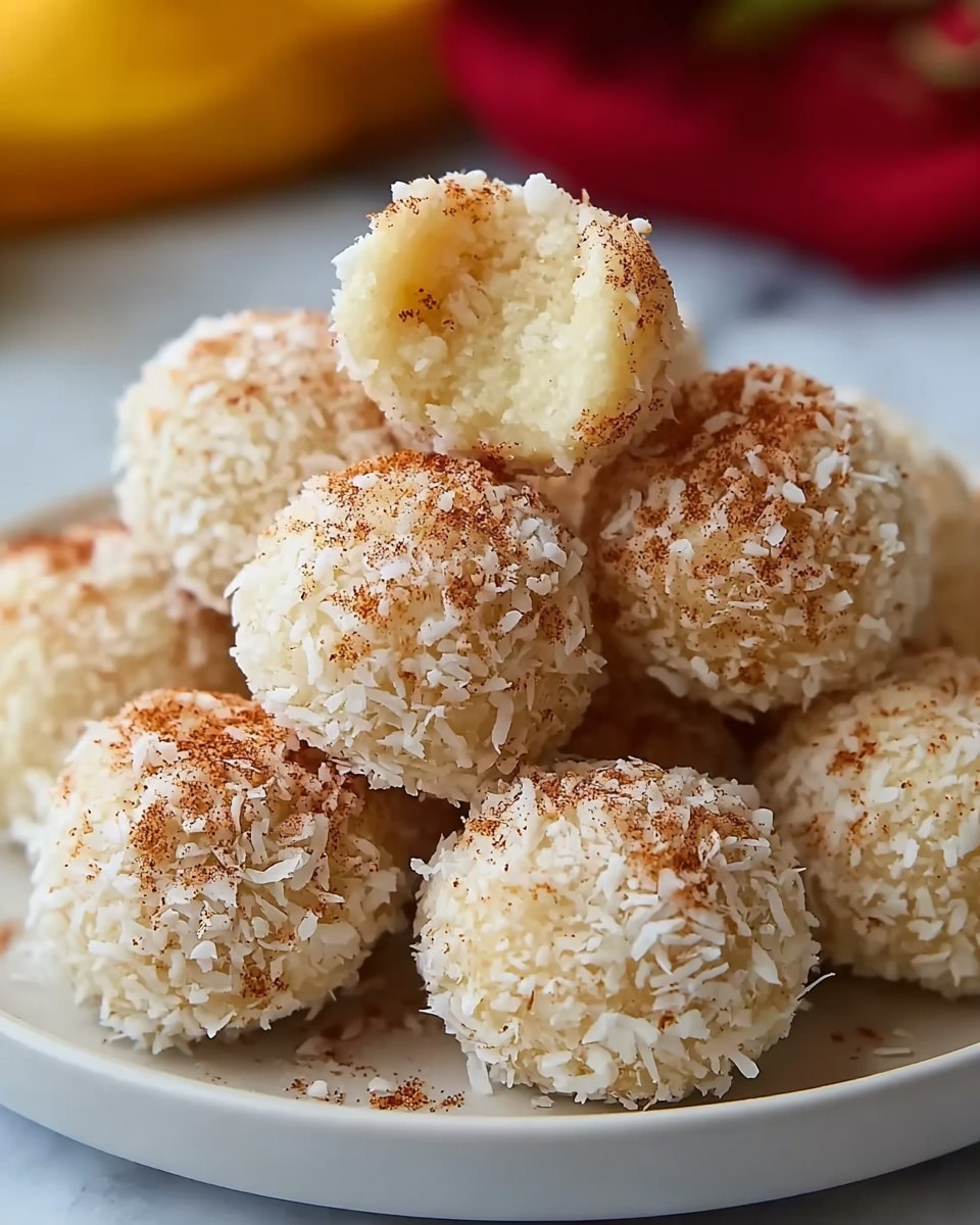 A white plate filled with round coconut balls, each covered in shredded white coconut flakes mixed with light brown cinnamon powder, giving a rough texture to the surface of the balls. One ball at the top is bitten, showing a soft, creamy, white inside with a coarse texture. The plate sits on a white marbled surface with a blurred yellow and red background. photo taken with an iphone --ar 4:5 --v 7