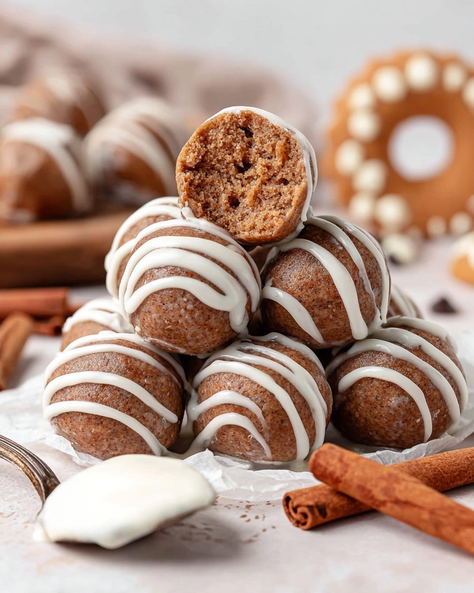 A stack of round brown dessert balls, each with smooth texture and small visible bits inside, drizzled with thin white icing lines across the tops and sides. The top ball is cut in half, showing a moist, crumbly interior in a light brown color. The balls are placed on white parchment over a white marbled textured surface, with a silver spoon nearby holding some white icing. Cinnamon sticks and a ring-shaped cookie are blurred in the background. Photo taken with an iphone --ar 4:5 --v 7