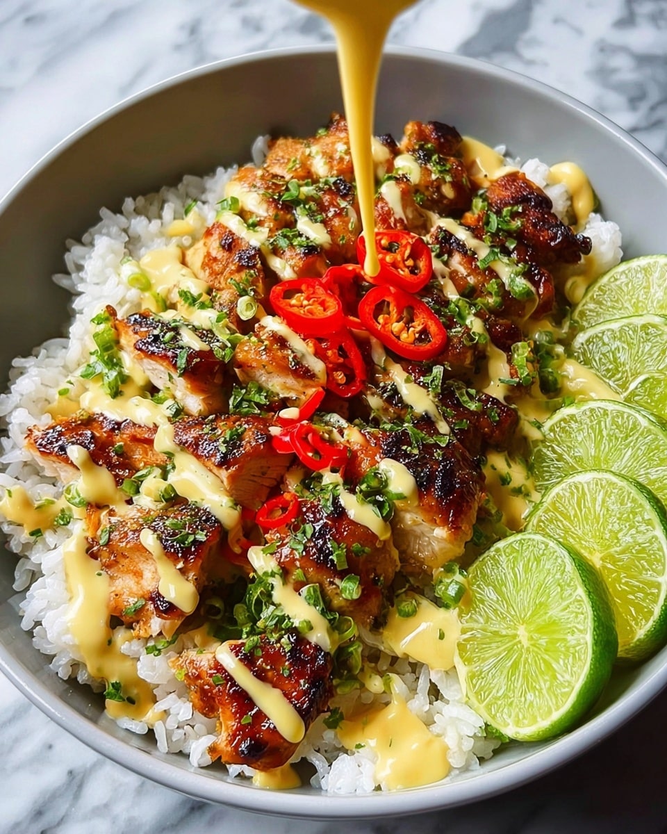 A white bowl filled with soft, white rice at the bottom layer, topped with grilled pieces of golden brown chicken that show crispy, slightly charred edges. Over the chicken, creamy light yellow sauce is drizzled in stripes, with a few drops falling from above. The dish is sprinkled with chopped green herbs and small slices of red chili peppers spread on top. On the side of the bowl, thick slices of bright green lime are arranged in a fan shape. The whole bowl sits on a surface with a white marbled texture. photo taken with an iphone --ar 4:5 --v 7