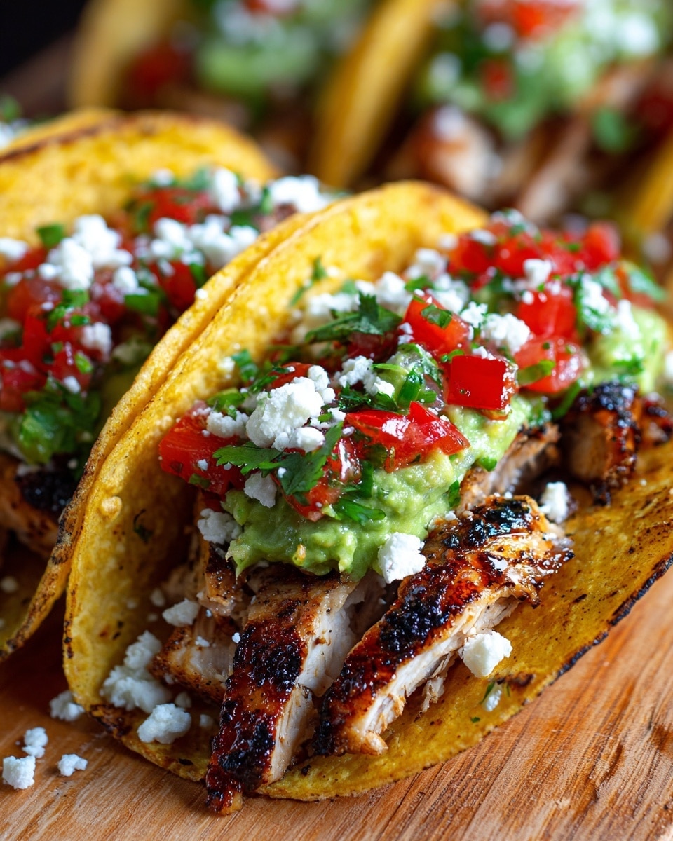 A close-up of a grilled chicken taco with three main layers inside a toasted yellow corn tortilla. The bottom layer is chopped, slightly charred grilled chicken pieces with a juicy, browned texture. Above the chicken, there is a fresh pico de gallo layer made of diced red tomatoes, white onion slices, and green cilantro leaves, giving a colorful and fresh look. The top layer has light green guacamole with small tomato pieces and crumbled white cheese scattered over the taco. The taco rests on a wooden surface, with a blurred background showing parts of more tacos. photo taken with an iphone --ar 4:5 --v 7