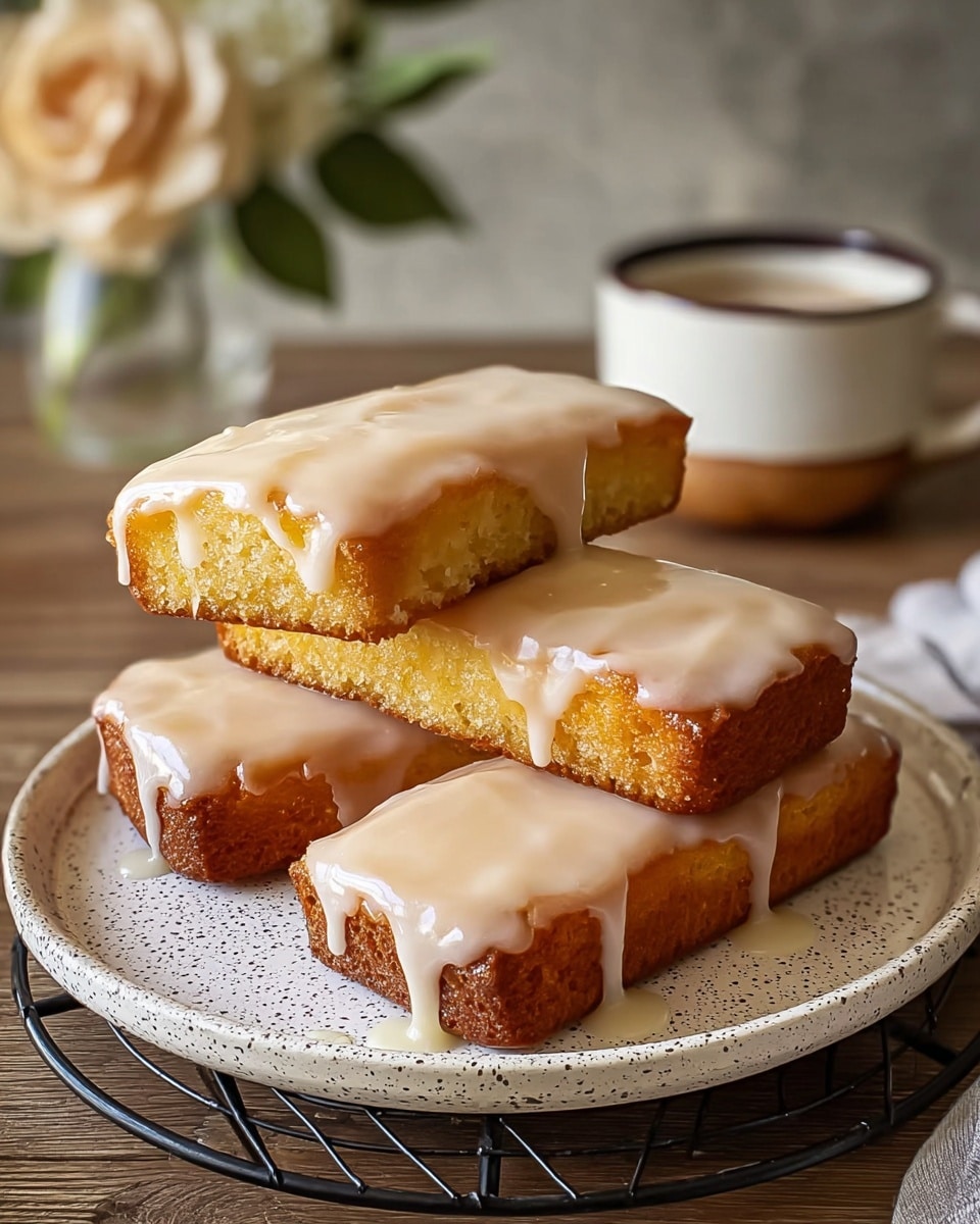 Four rectangular golden-brown cakes with a slightly crispy edge are stacked on a speckled white plate, placed on a black metal cooling rack. Each cake is thickly covered with smooth, light beige glaze that drips gently down the sides, giving a shiny, creamy texture on top. In the background, there's a white cup with dark rim filled with more glaze, sitting on a wooden table with a soft focus flower on the side. The whole scene rests on a white marbled texture surface. Photo taken with an iphone --ar 4:5 --v 7