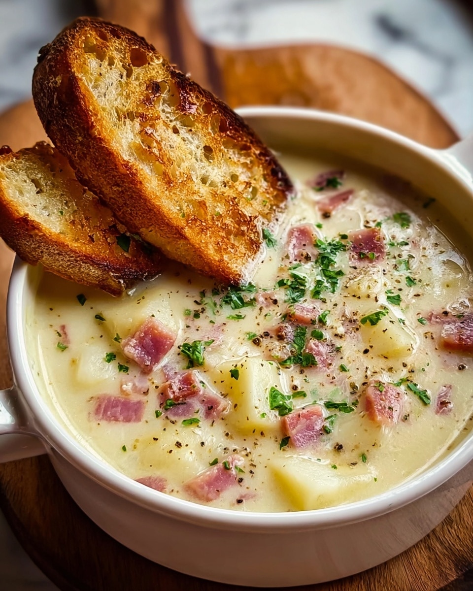 A bowl of creamy soup filled with soft white potato chunks and small pieces of pinkish ham scattered throughout, topped with finely chopped green herbs and freshly ground black pepper. Two golden brown toasted bread slices rest on the edge of the white bowl, slightly submerged in the soup. The bowl sits on a round wooden board, and the background features a white marbled texture. photo taken with an iphone --ar 4:5 --v 7