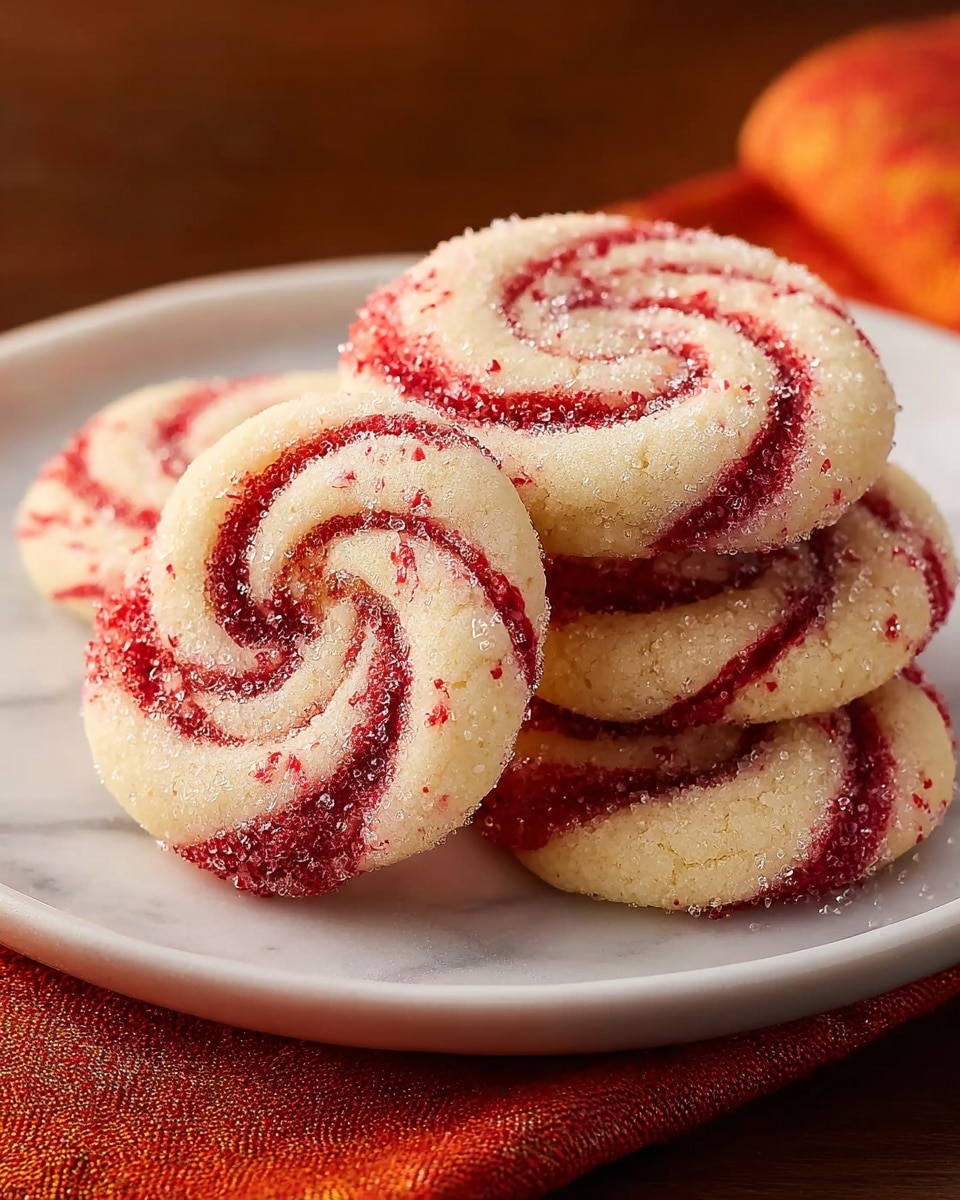 A white plate holds a stack of four round cookies with a swirl pattern, each cookie showing thick white dough twisted with red stripes, resembling peppermint candy. The top layer of the cookies glistens with coarse sugar crystals that look slightly grainy. The background surface is a white marbled texture covered with an orange and red cloth underneath the plate. The cookies have a soft, slightly crumbly texture and the red stripes are evenly spaced, creating a spiral effect. photo taken with an iphone --ar 4:5 --v 7