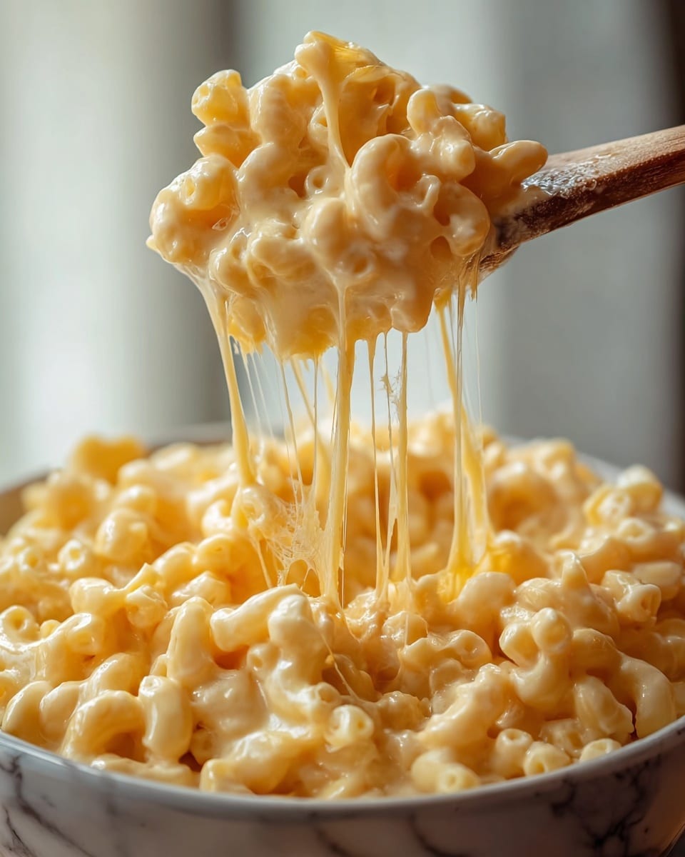 A close-up view shows creamy macaroni and cheese with elbow pasta covered in melted cheese sauce. The macaroni is lifted by a wooden spoon, showing long, stretchy cheese strings hanging from the pasta. The pasta is a pale yellow color, smooth and coated thickly with cheesy texture. The macaroni fills a white bowl beneath, with the background softly blurred and featuring a white marbled surface. The image captures the gooey, rich cheese in detail, highlighting the soft shapes of the pasta and the melted cheese stretching upward. photo taken with an iphone --ar 4:5 --v 7