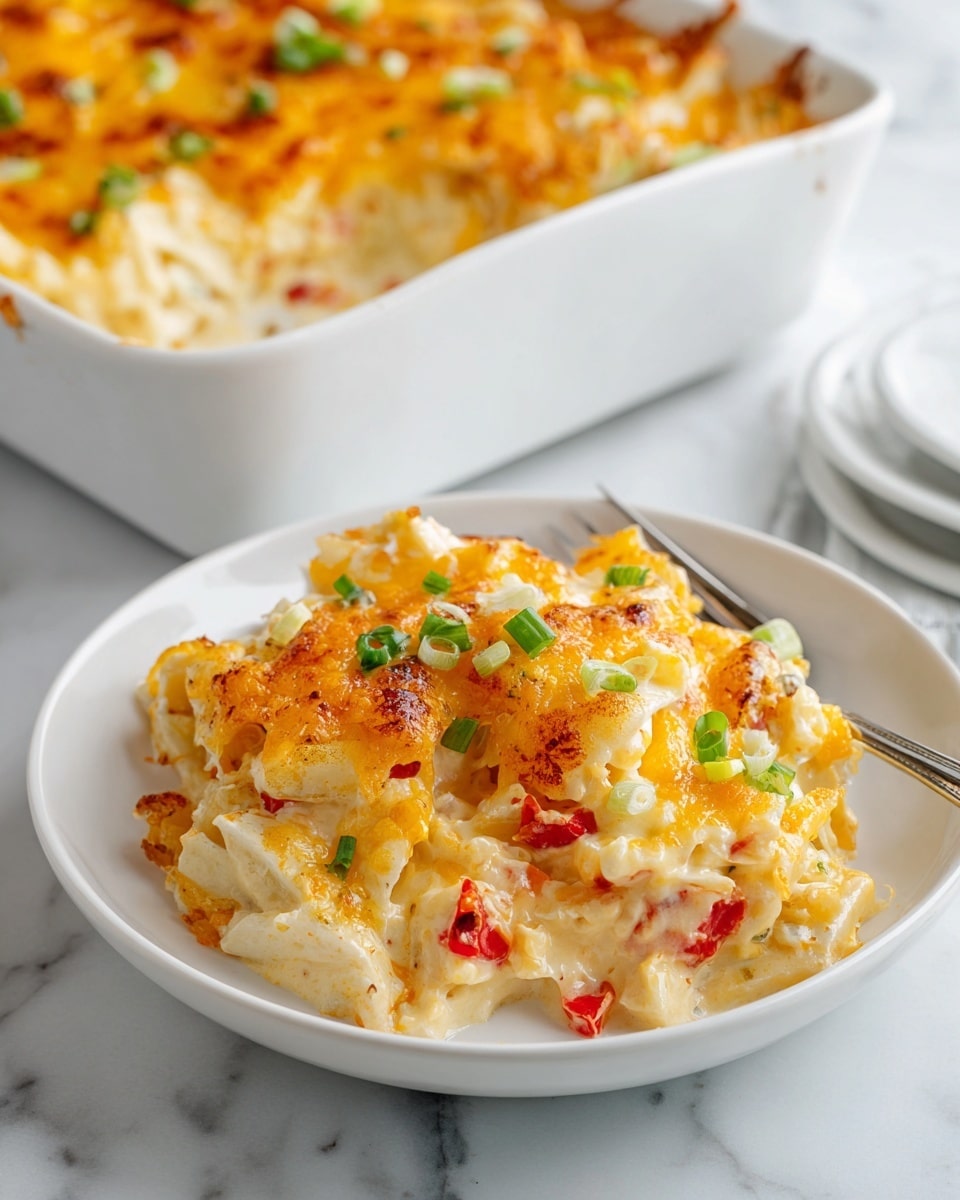 A white bowl holds a serving of a baked dish with about three layers. The bottom layer is light-colored crispy strips, topped with melted golden cheese that looks soft and gooey, mixed with small bright red pieces and light green chopped scallions scattered over the top. The dish is creamy with melted cheese threads visible, giving a rich texture. Behind the bowl, part of a large white baking dish filled with the same cheesy, crispy, red, and green mixture is visible on a white marbled surface, next to a silver fork. photo taken with an iphone --ar 4:5 --v 7