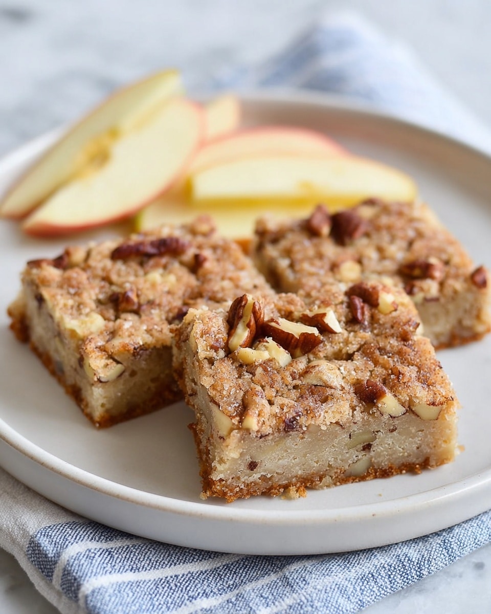 The image shows a close-up of three square-shaped bars placed on a white plate. Each bar has two visible layers: a dense, slightly moist-looking bottom layer that is light brown with small nut pieces embedded in it, and a crumbly, golden-brown top layer with nuts and small chunks visible. To the side of the bars, there are thin slices of apple with a pale yellow interior and red edges, positioned near the plate's edge. The plate sits on a soft, blue-striped cloth over a white marbled surface. Photo taken with an iphone --ar 4:5 --v 7