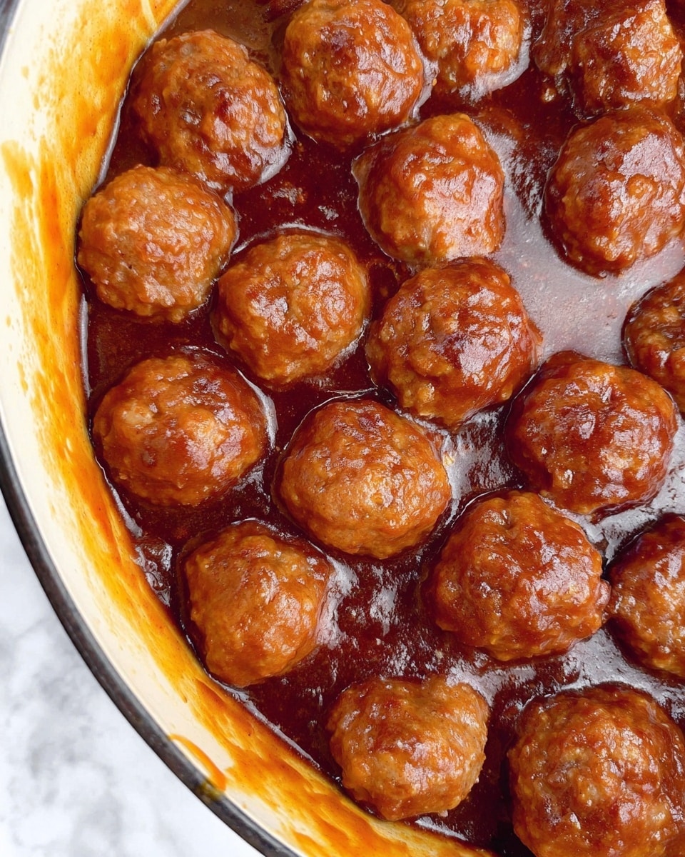The image shows a close-up of a pot filled with round meatballs soaked in a thick, glossy brown sauce. The meatballs are cooked, with a slightly textured surface, and are packed tightly together. The sauce looks rich and smooth, coating each meatball with a shiny glaze. The pot's edge is visible on the right side, displaying a bit of a burnt, creamy-white area. The background is a white marbled texture. Photo taken with an iphone --ar 4:5 --v 7