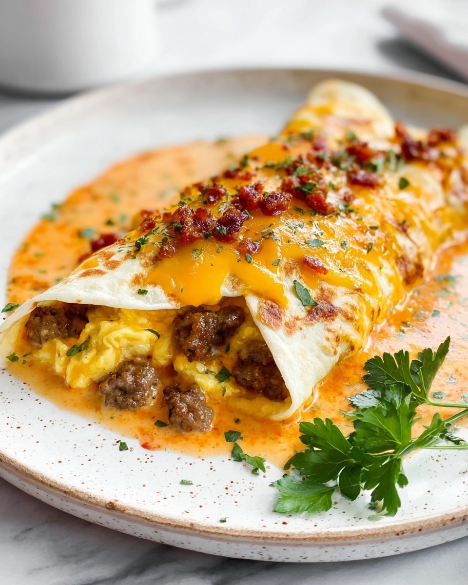 The dish shows a folded white tortilla filled with soft yellow scrambled eggs and browned sausage chunks, placed on a white plate with speckled details. The top layer of the dish is covered with melted bright orange cheddar cheese, scattered with small bits of cooked sausage and sprinkled with finely chopped green herbs. The edges of the melted cheese are slightly gooey, mixing with a creamy orange sauce underneath. A sprig of fresh green parsley sits beside the main dish on the plate. The background is a white marbled texture. Photo taken with an iphone --ar 4:5 --v 7