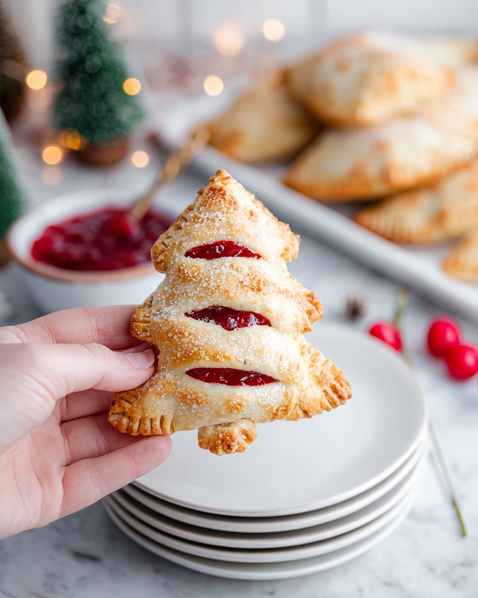 A close-up of a woman's hand holding a Christmas tree-shaped pastry with a golden-brown crust sprinkled with coarse sugar and three small slits revealing red filling inside. The pastry rests above a stack of three simple white plates on a white marbled surface. In the background, there is a white tray filled with more similar pastries, and a white bowl filled with red cherry sauce, surrounded by holiday decorations. The overall setting gives a festive, cozy feeling. photo taken with an iphone --ar 4:5 --v 7