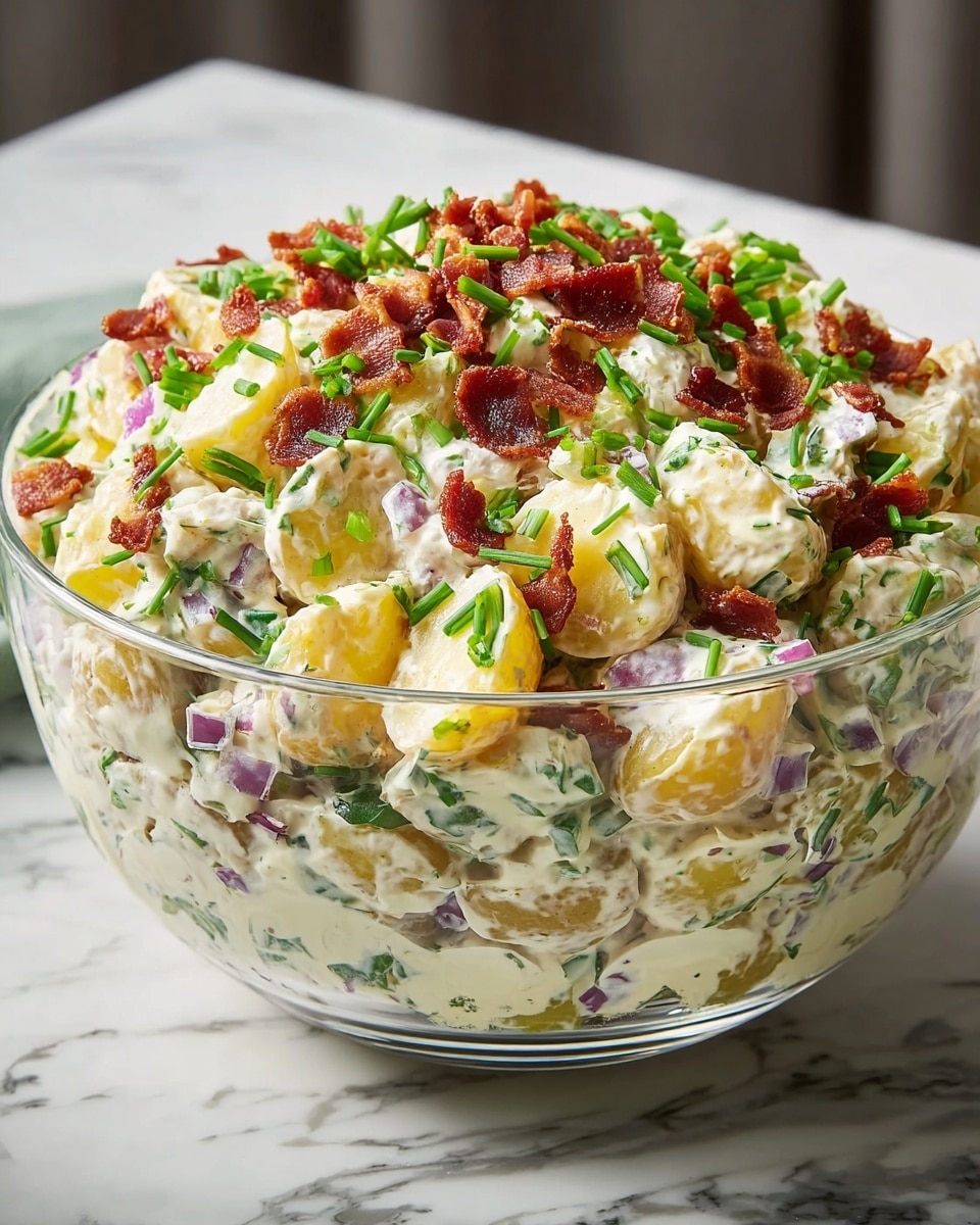 A clear glass bowl filled with three layers of creamy potato salad placed on a white marbled surface; the base layer is made of yellow potato chunks coated thickly with white creamy dressing speckled with green herbs, the middle layer has diced purple onions and small green celery pieces mixed in, and the top layer is garnished evenly with crisp reddish-brown bacon bits and chopped bright green chives. Photo taken with an iphone --ar 4:5 --v 7