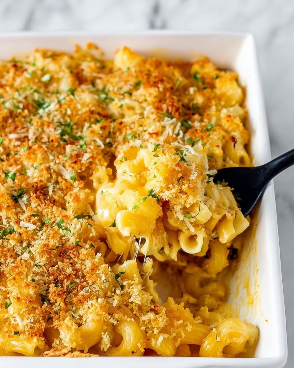 This image shows a close-up of a cheesy baked macaroni dish in a white square baking dish. The top layer is golden brown with a crispy texture made from grated cheese and breadcrumbs sprinkled evenly, giving a crunchy appearance with some small green herb pieces scattered on top. Below the topping are multiple layers of curled macaroni pasta coated in creamy melted cheese, showing a rich yellow-orange color and smooth texture. A black fork is digging into the right side, lifting some pasta that looks soft and gooey. The background has a white marbled texture. photo taken with an iphone --ar 4:5 --v 7