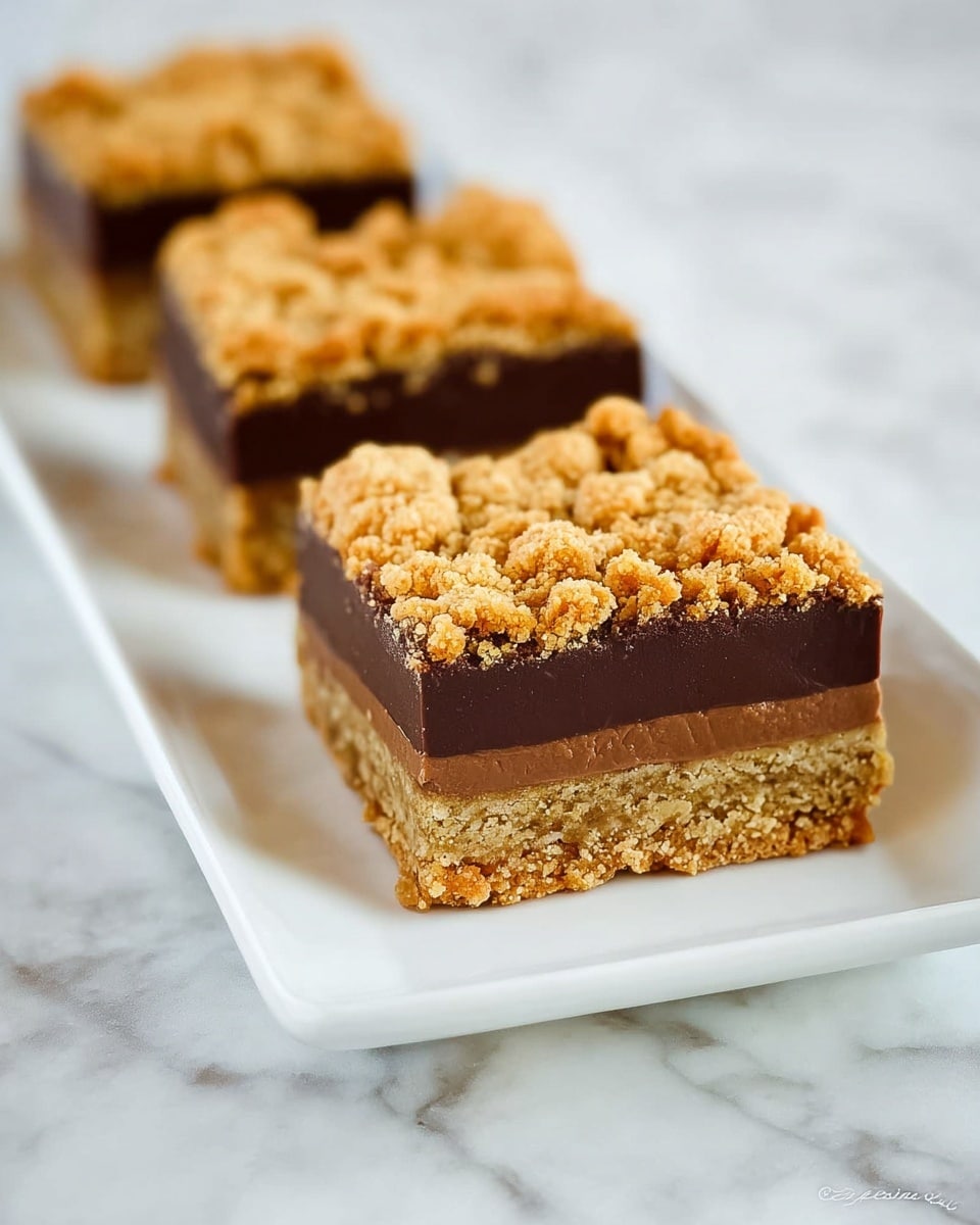 The dish shows three square pieces of a layered dessert arranged in a row on a white rectangular plate. The bottom layer is a light brown, crumbly crust with a slightly rough texture. The middle layer is thick, smooth, and dark chocolate brown, contrasting sharply with the crust. The top layer is a golden brown, crumbly, and uneven cookie-like crust with small chunks broken up. The plate is placed on a white marbled surface, giving a clean, bright look to the scene. photo taken with an iphone --ar 4:5 --v 7
