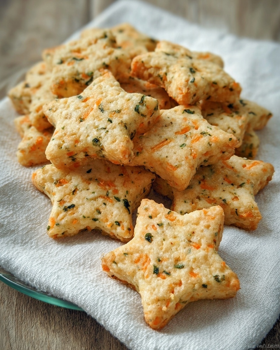 The image shows a pile of star-shaped crackers with a rough texture, placed on a white cloth that is laid over a clear glass plate. Each cracker has visible small orange bits and green flecks scattered throughout, giving a speckled look. The crackers have an uneven, crumbly surface with slightly rounded and thick edges. The background is a soft-focused wooden surface. photo taken with an iphone --ar 4:5 --v 7
