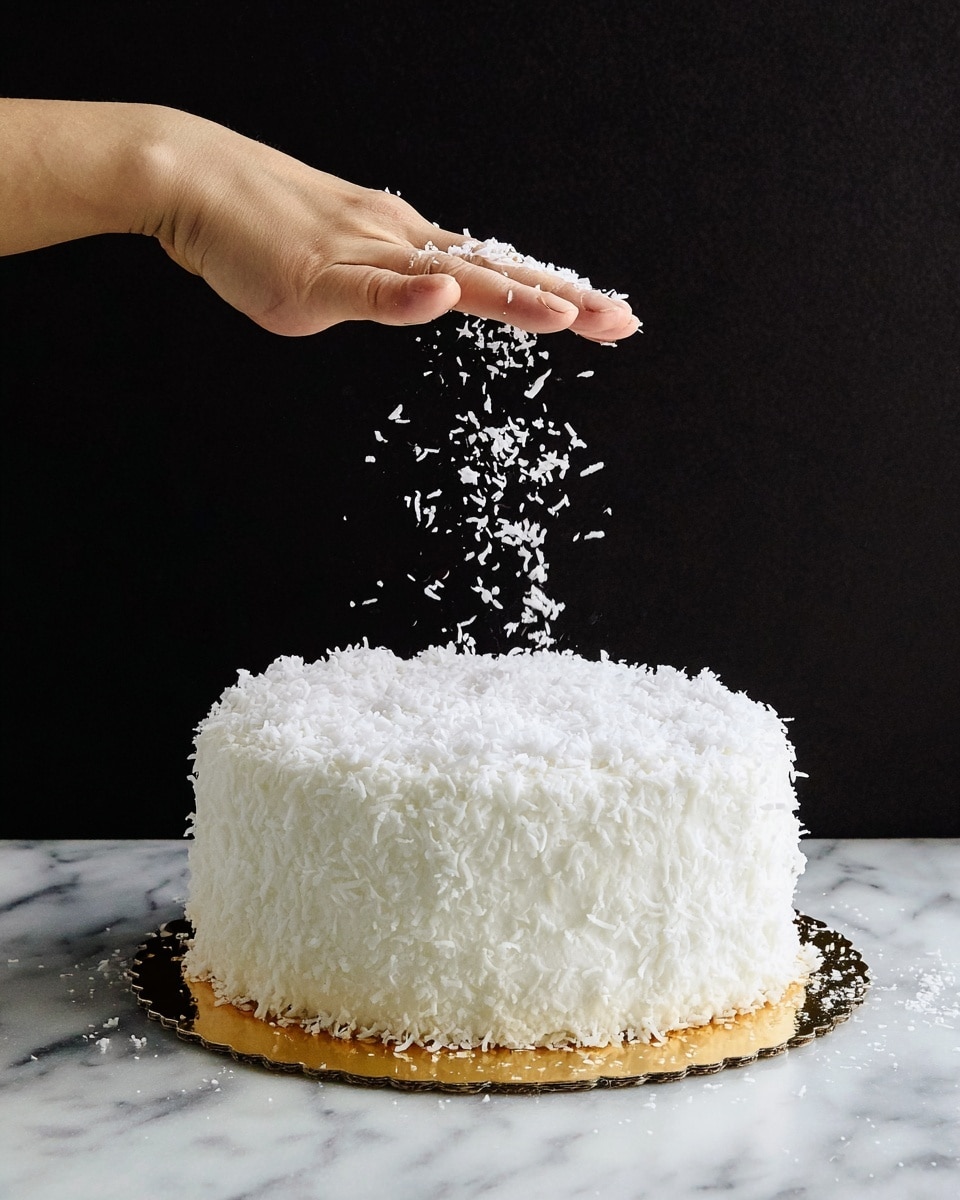 A round, two-layer cake covered fully in white shredded coconut, giving it a soft, fluffy texture all around. The cake sits on a shiny gold base that contrasts with the white coconut. Above the cake, a woman's hand sprinkles more white coconut flakes down onto the cake, with flakes in mid-air against a dark background. The whole scene is set on a white marbled surface. photo taken with an iphone --ar 4:5 --v 7