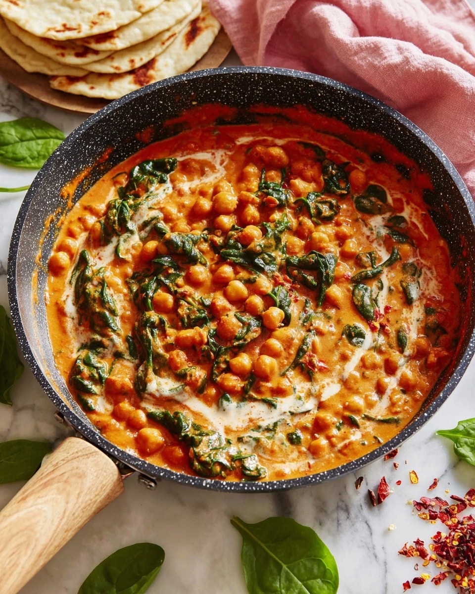 A close-up of a black speckled pan with a wooden handle filled with creamy chickpea curry showing three layers: the bottom layer is a thick orange-red sauce with soft textures, the middle layer contains whole chickpeas, and the top layer has wilted dark green spinach leaves and light cream swirled throughout. To the upper left, a stack of flatbreads rests on a white marbled surface beside a soft pink cloth. Scattered fresh spinach leaves and small dried red chili pieces lie around the pan. photo taken with an iphone --ar 4:5 --v 7