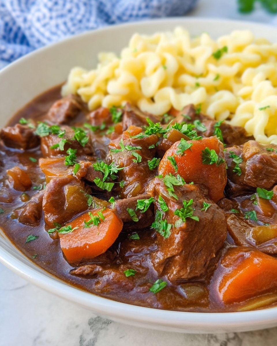 A close-up view of a white bowl filled with a rich brown beef stew with chunks of tender beef, slices of orange carrots, and bits of celery, all coated in a thick gravy and garnished with fresh green parsley. On the side of the bowl, there is a pale yellow serving of soft spaetzle noodles, creating a contrast between the stew and the pasta. The bowl is placed on a white marbled surface with a blurred blue patterned cloth in the background. Photo taken with an iphone --ar 4:5 --v 7