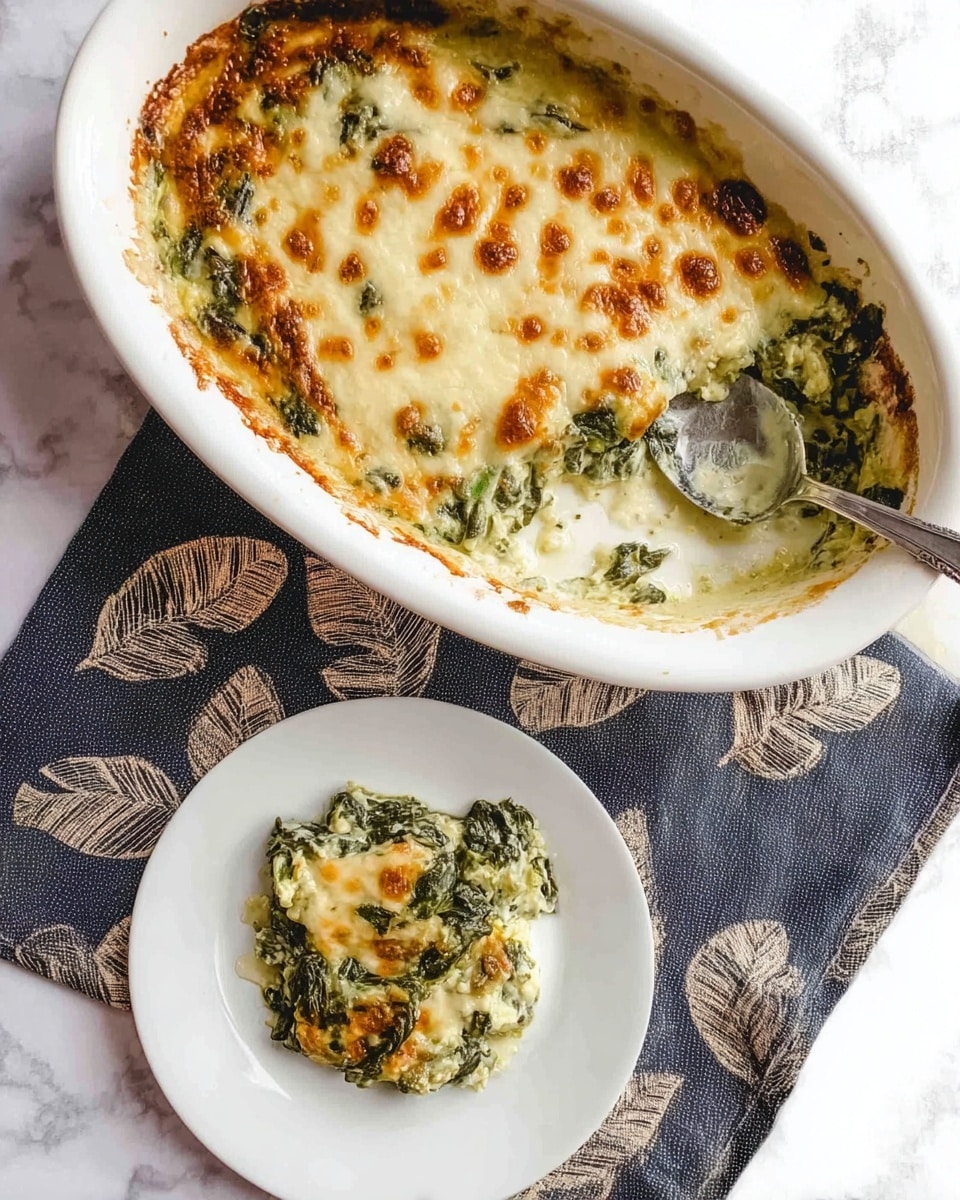 The image shows a white baking dish with a cheesy spinach casserole inside, partially scooped out from one corner with a silver spoon resting in it. The casserole has a golden-brown melted cheese layer on top with some browned spots, showing a creamy green spinach layer beneath it. Next to the dish is a white plate with a serving of the casserole, displaying layers of melted cheese melted into wilted green spinach, and a slight browned crust on top. Both are placed on a dark cloth with light leaf patterns, and the surface underneath has a white marbled texture. photo taken with an iphone --ar 4:5 --v 7