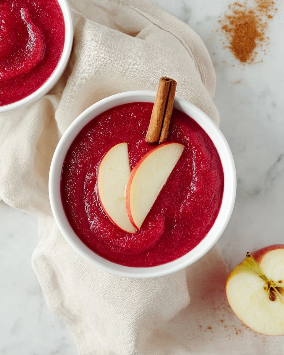 A small white bowl filled with bright red smooth puree, topped with two thin apple slices and a cinnamon stick standing upright on the side. The bowl rests on a soft beige cloth on a white marbled surface. To the right, there is a half apple with its seeds visible and some cinnamon powder slightly scattered. Another bowl with the same red puree is partially visible at the top right corner. Photo taken with an iphone --ar 4:5 --v 7