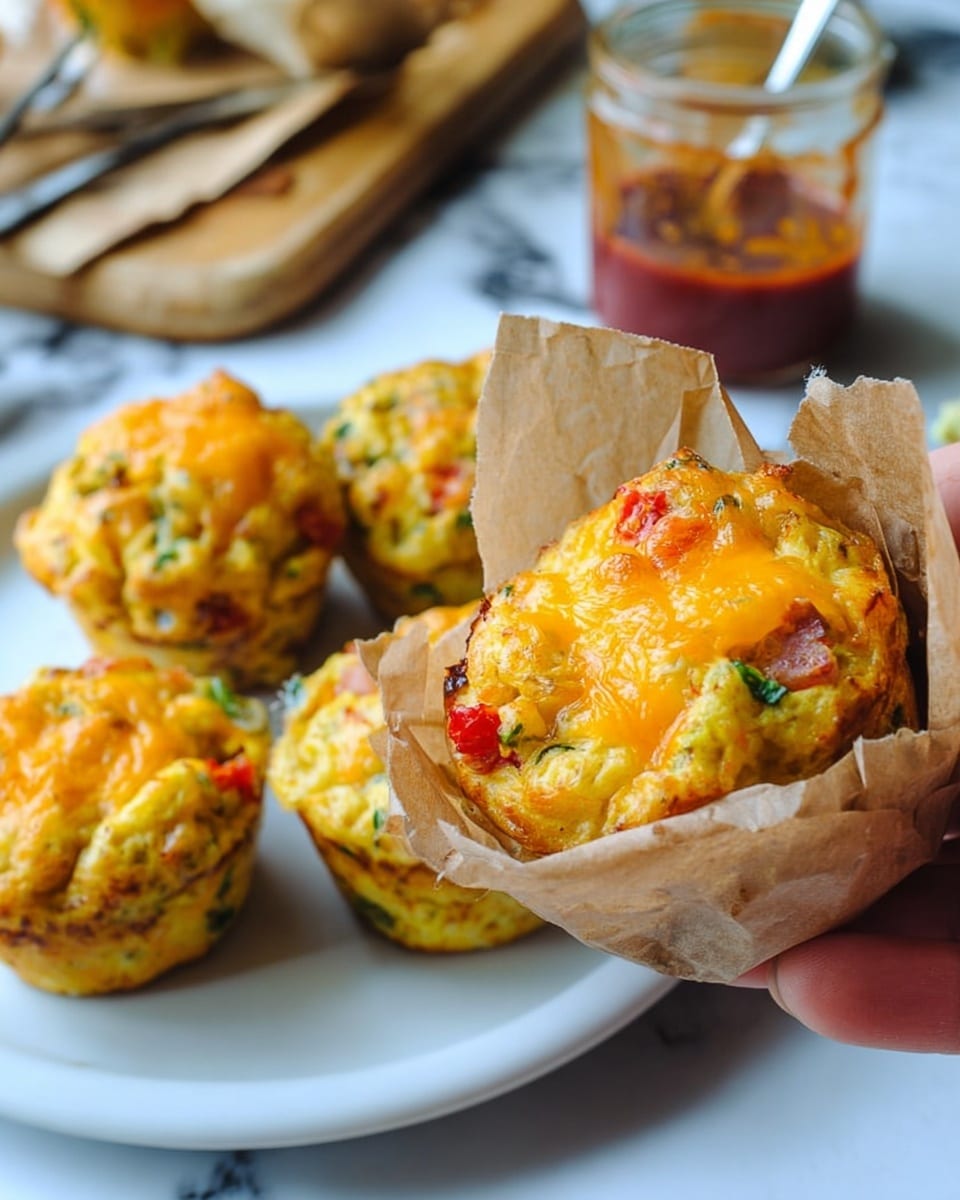 A close-up of a golden muffin covered with melted orange-yellow cheese on top, showing bits of red and green vegetables mixed inside. The muffin is wrapped loosely in a brown paper napkin held by a woman's hand. In the background, more cheese-topped muffins are arranged on a white plate on a white marbled surface, with a jar of sauce and a fork nearby blurred out. Photo taken with an iphone --ar 4:5 --v 7