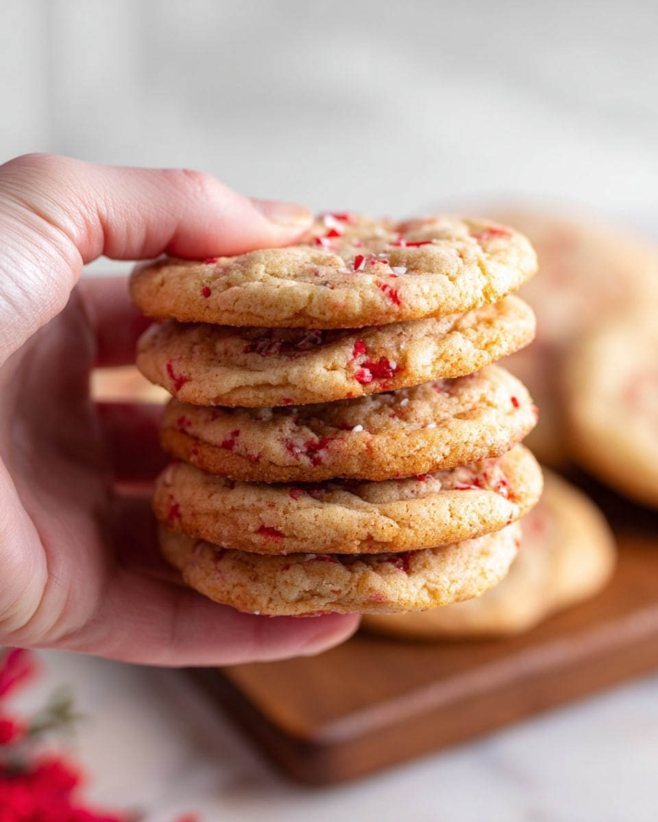 A woman's hand holding a stack of five thick, round cookies with a light golden brown color and bright red bits throughout, showing a soft, chewy texture with slightly crisp edges; the background features a blurred brown wooden board and a white marbled surface underneath, with another cookie partially visible out of focus. photo taken with an iphone --ar 4:5 --v 7