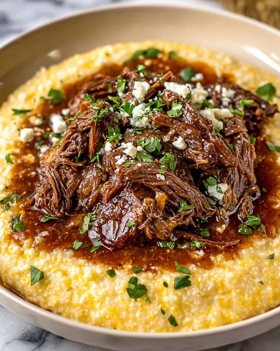 This image shows a close-up of a dish served in a white bowl. The bottom layer is creamy, yellowish grits with a slightly grainy texture, spread evenly around the bowl's edges. On top, in the center, there are several pieces of dark brown shredded beef covered in a rich, glossy brown sauce. The beef looks tender and moist. The dish is sprinkled with finely chopped green herbs and small white cheese bits on top, adding color contrast. The bowl is placed on a white marbled surface. Photo taken with an iphone --ar 4:5 --v 7
