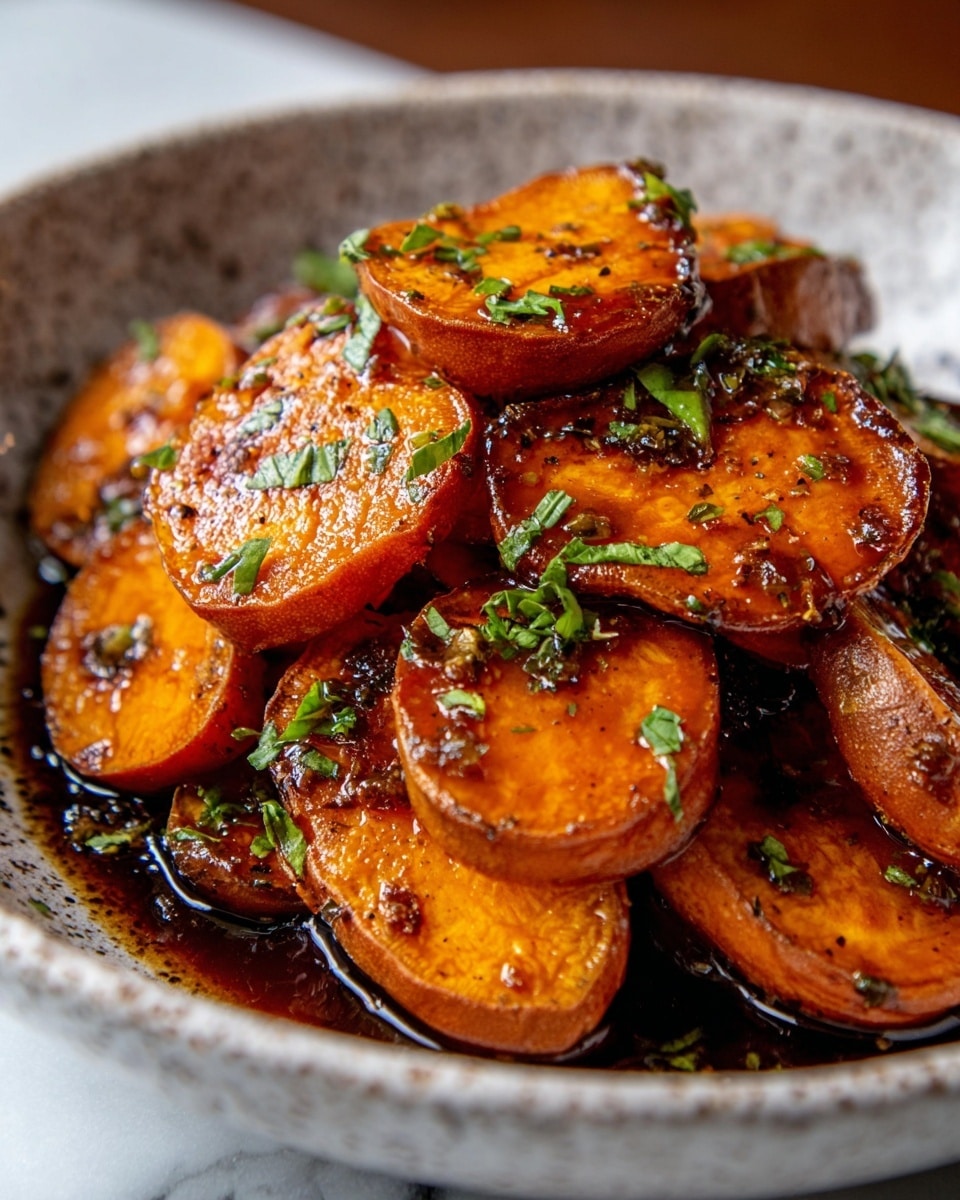A close-up of roasted sweet potato slices piled high in a white speckled bowl. The sweet potatoes are cut into thick rounds, their bright orange flesh caramelized and slightly crispy on the edges, with a glossy dark brown glaze on top. Small pieces of chopped green herbs are sprinkled over the potatoes, adding a pop of color. The potato skins have a rustic, slightly rough texture, and the sauce pools at the bottom of the bowl, giving a rich and sticky look. The bowl sits on a white marbled surface. photo taken with an iphone --ar 4:5 --v 7