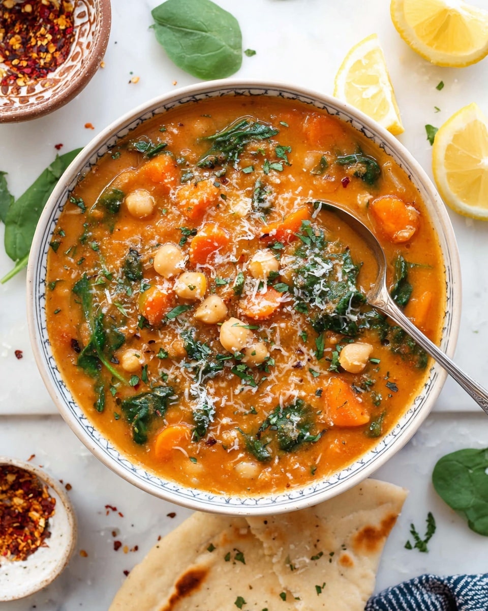 A white bowl filled with a thick orange soup that has visible chunks of orange carrots, whole light beige chickpeas, dark green spinach leaves, and small bits of tomatoes. The soup is topped with fine sprinkles of grated cheese and green herbs. A metal spoon rests inside the bowl touching the soup. Around the bowl on a white marbled surface, there are lemon wedges, torn pieces of flatbread, scattered green leaves, and a small white bowl that contains red chili flakes. The scene is bright and clear, showing a cozy, fresh meal. photo taken with an iphone --ar 4:5 --v 7