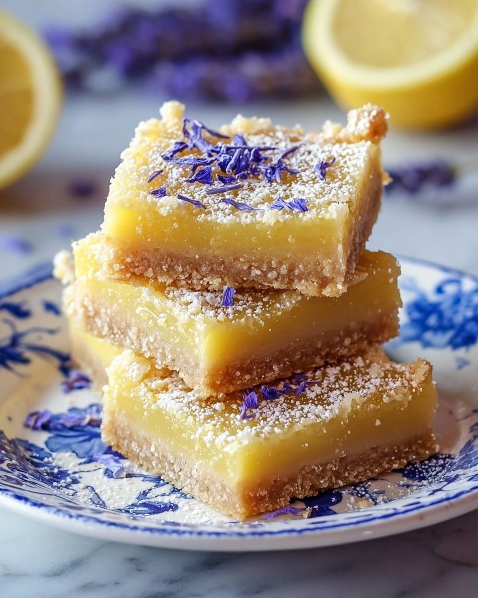 The image shows a close-up of three square lemon bars stacked on a white plate with a blue floral edge. Each bar has two layers: a golden-yellow, smooth, and slightly glossy lemon filling on top, and a light brown crumbly crust on the bottom. The top of the lemon filling is dusted with white powdered sugar and sprinkled with small purple lavender buds, adding color and texture. The background is a white marbled surface. photo taken with an iphone --ar 4:5 --v 7